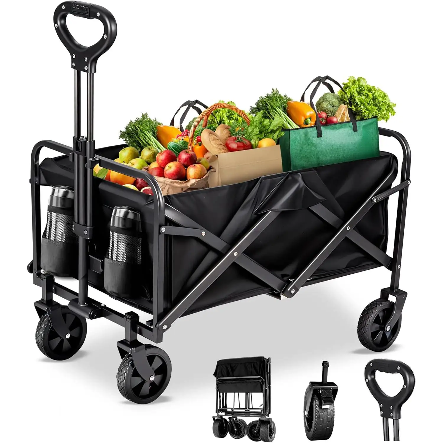 KingnetStore - Carro de Mano Plegable con Ruedas. Multiusos Ideal Playa, Compra, jardín, Camping. Carga hasta 120kg / 150kg. Asa Ajustable. Auxiliar, Herramientas, Bebe, Juguete. Negro / Beige