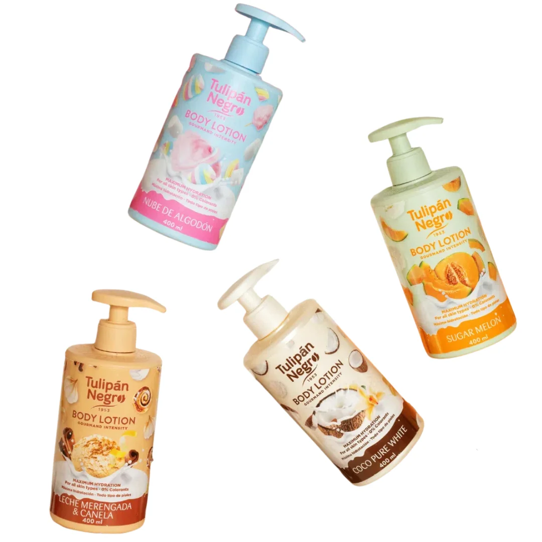 Pack 4 Lociones Corporales Tulipán Negro 400 ml | Aromas irresistibles: Nubes de Algodón, Canela y Leche Merengada, Coco y Melón. Hidratación profunda, suavidad y fragancias dulces y frescas para tu cuidado diario. pack hidratacion perfecta con superaroma
