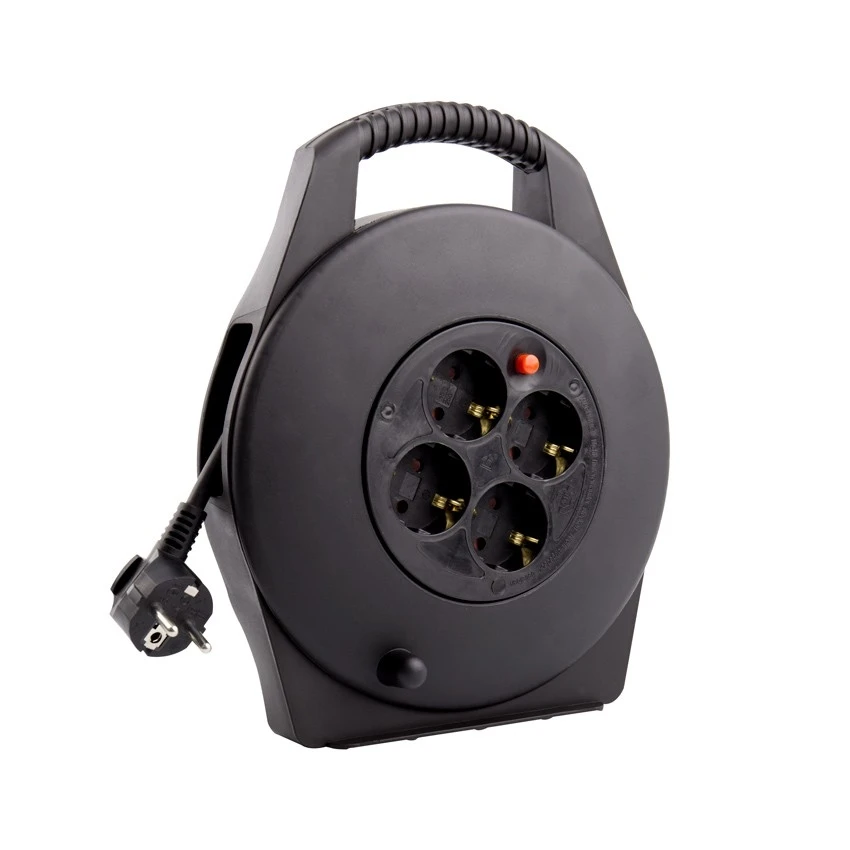 LEDKIA LIGHTING - Carrete Alargador de Cable 10m | 4 Enchufes German Socket | Protección Sobrecarga e Infantil | Soporta 3200W | PVC Duradero | Cumple ISO 9001 y CE, Negro