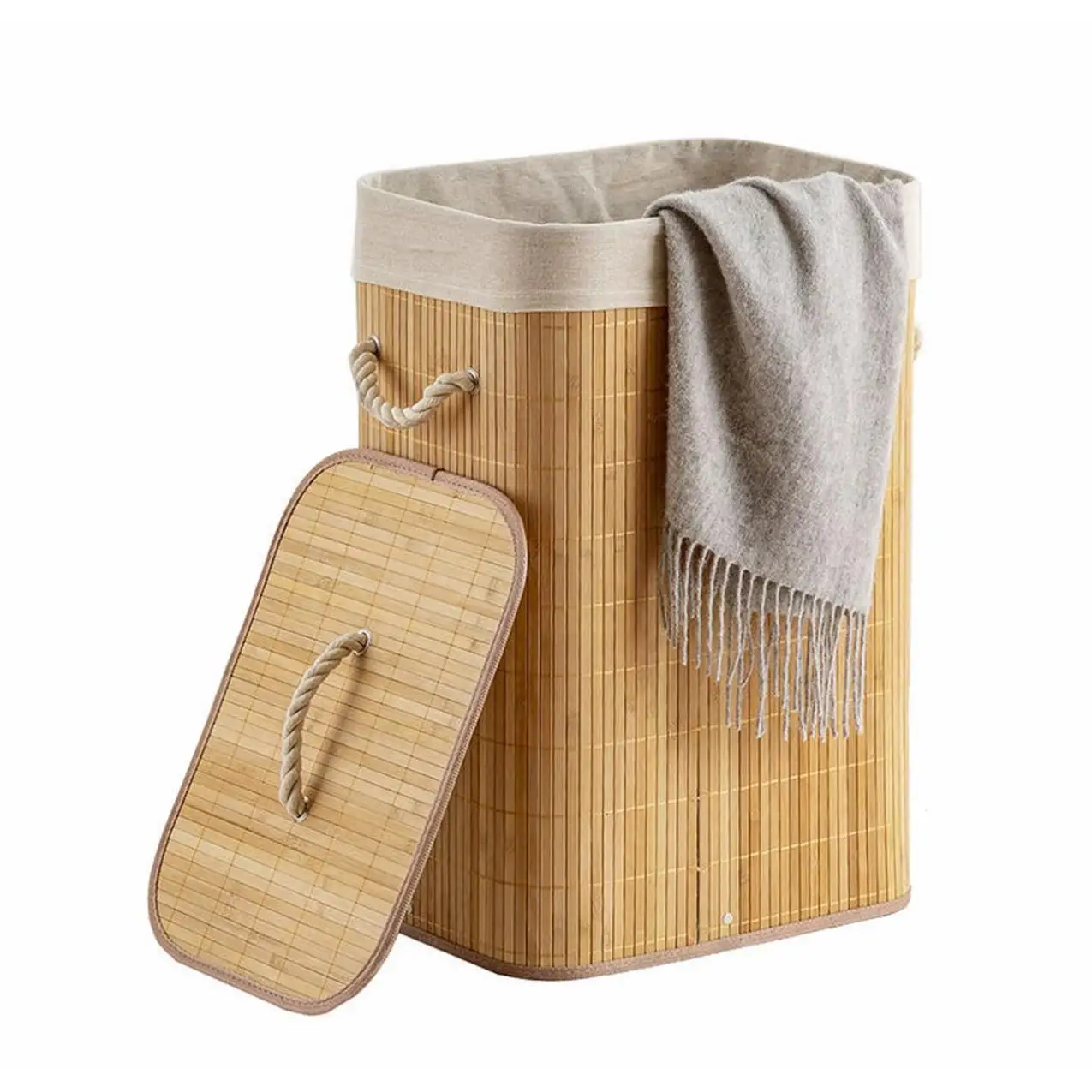 PopLiving Cesto de Ropa Sucia de Bambú (48L/60L) - Plegable con Tapa y Asas, Organizador Estilo Nórdico para Baño y Dormitorio, Natural y Resistente