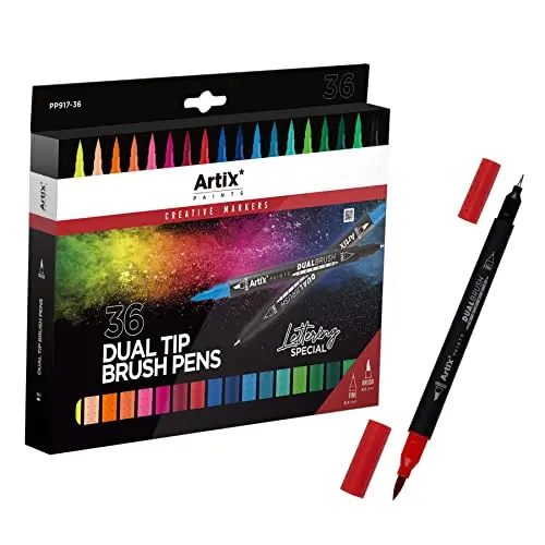 ARTIX Lettering Markers, 18-36 Assorted Colors, Brush Pens Fine Tip, Double-Tipped Brush, Watercolor Markers, Special for Graffiti, Calligraphy, Drawing, Lettering for Children and Adults