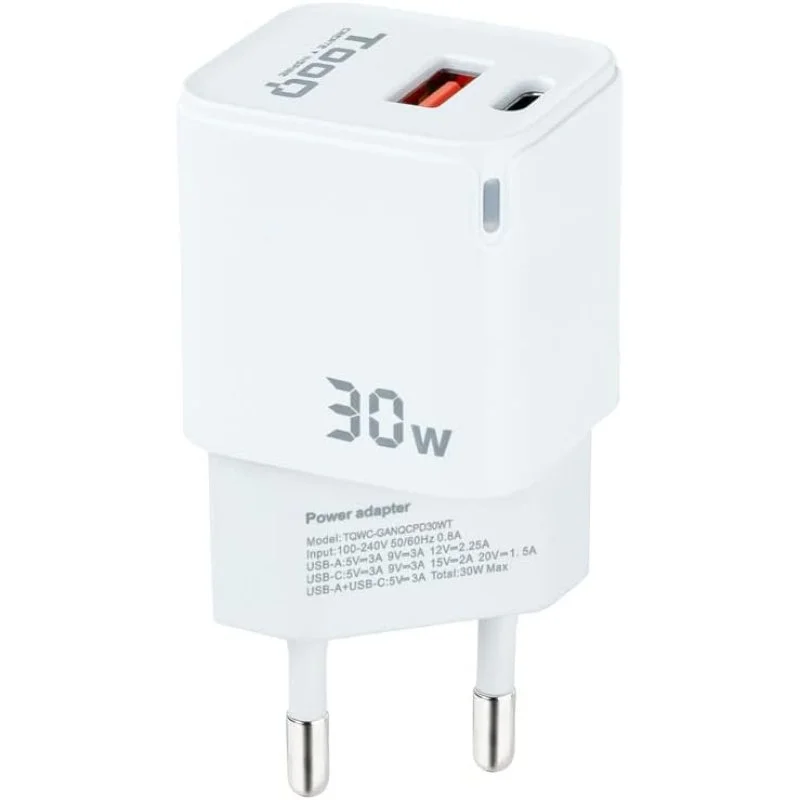 TooQ TQWC-GANQCPD30WT Cargador de Pared Dual USB-C/USB 2.0 30W Blanco