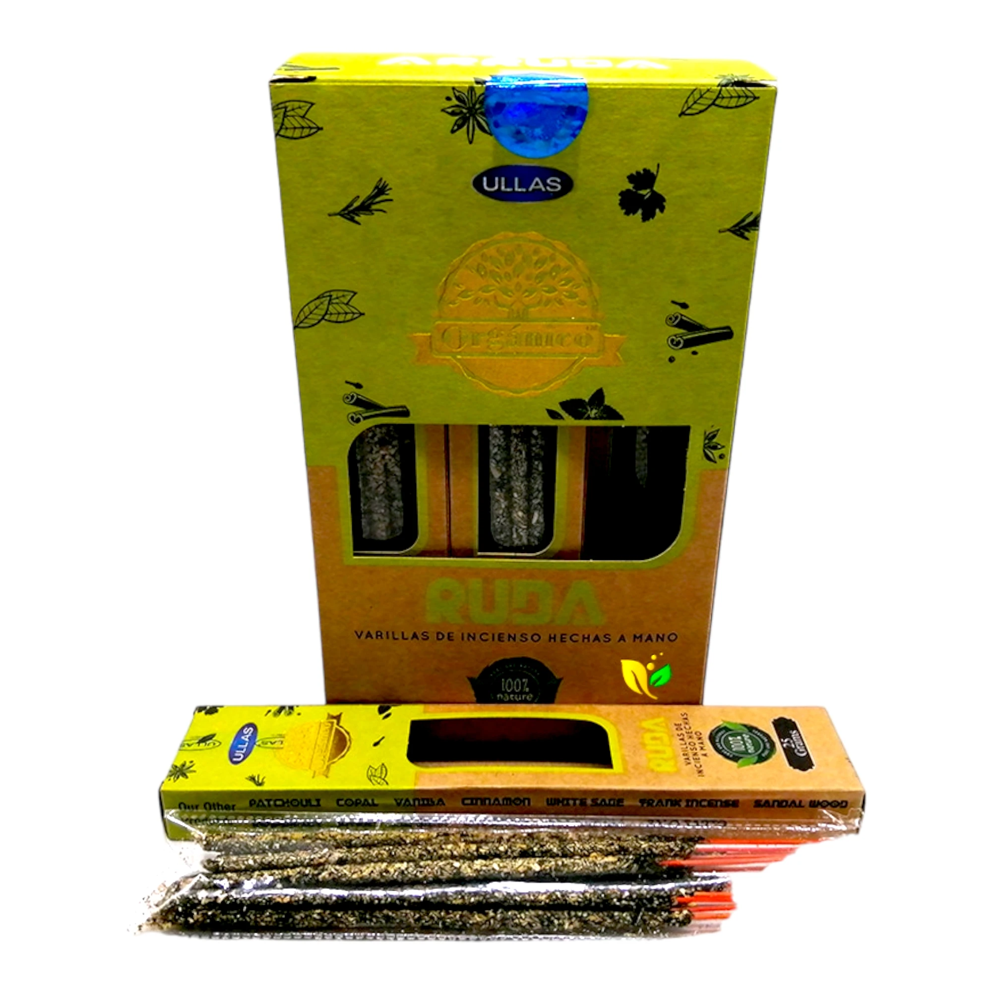 Organic Rue Incense by Ullas offers a unique aromatic experience with 25g per box, handcrafted without child labor, using natural oils for purifying and energizing properties, ideal for aromatherapy enthusiasts.