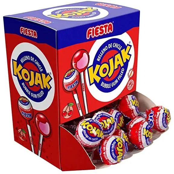 Fiesta Kojak Cereza 20 Unds. Caja con Chupa Chups de Sabor Original y Chicle en Su Interior