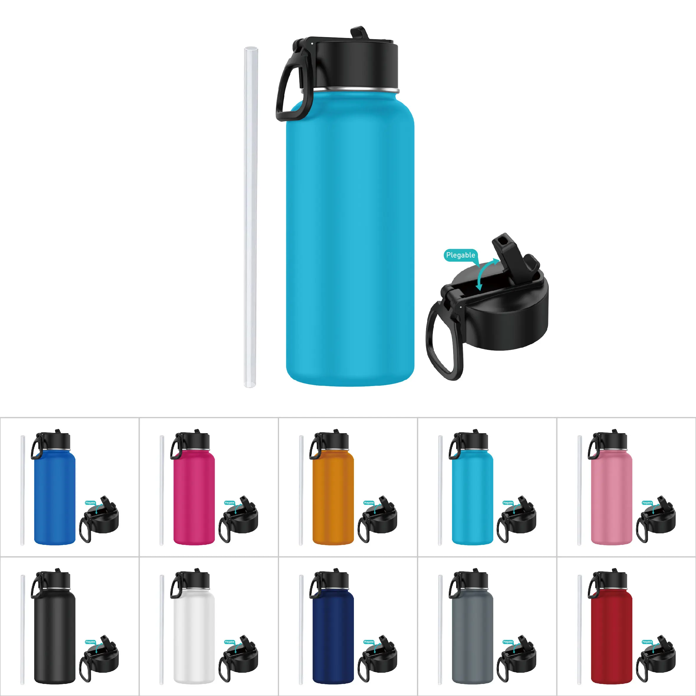 Botella de Acero Inoxidable 1 Litro o 1.2 Litro  Deportiva con Pajita (10 Colores) – Botella de Agua