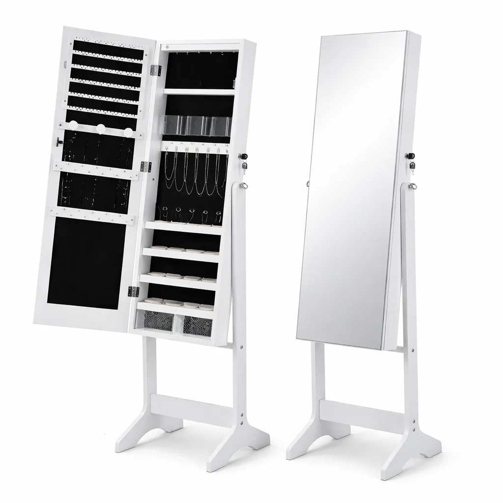 T-Lovendo Espejo Joyero Vestidor Tocador de Pie Armario Lacado Blanco Grande 155x41x38cm Cuerpo Entero Organizador de Joyas Perfumes