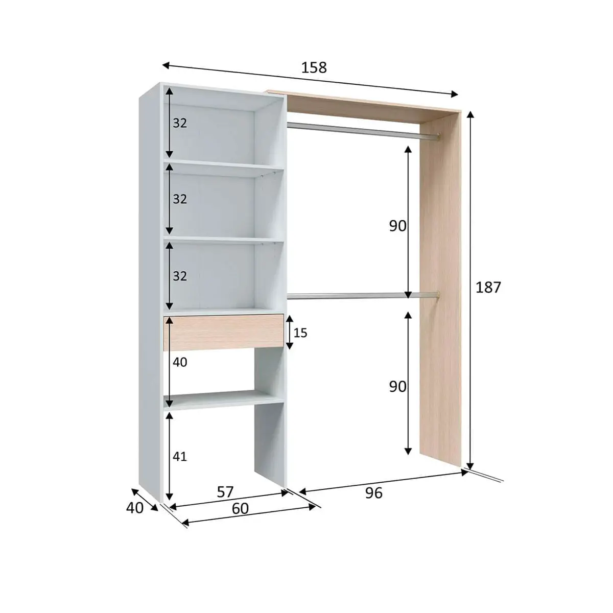 Hera Wardrobe with 2 Rails + 4 Shelves + Drawer in Oak/White 187x158x40 cm, Melamine Material, Features Adjustable Shelves, Durable Design, Ideal for Storage in Dressing Room or Bedroom Closet.