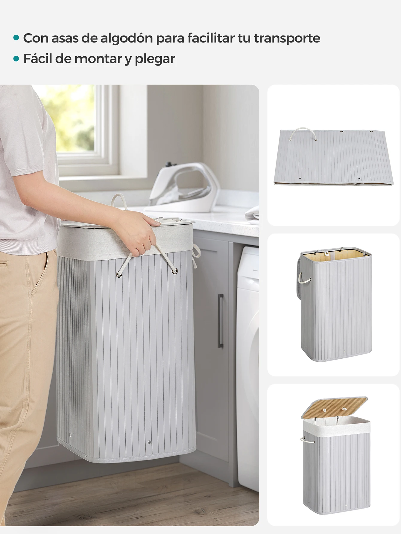 Songmics dirty clothes basket with lid, 72 l, bamboo laundry basket, foldable, with removable washable bag, handles, for laundry, bedroom, grey/natural/black/white