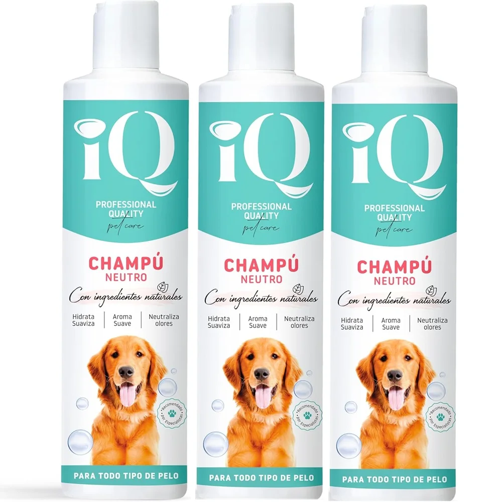 iQ Pet Care - Champu Neutro para Mascotas, Pack 3x300ml - Champu Hidratante para Perros y Gatos, Suavidad y Frescura para el Manto de tu Mascota, Cuidado Completo para Pelaje y Piel