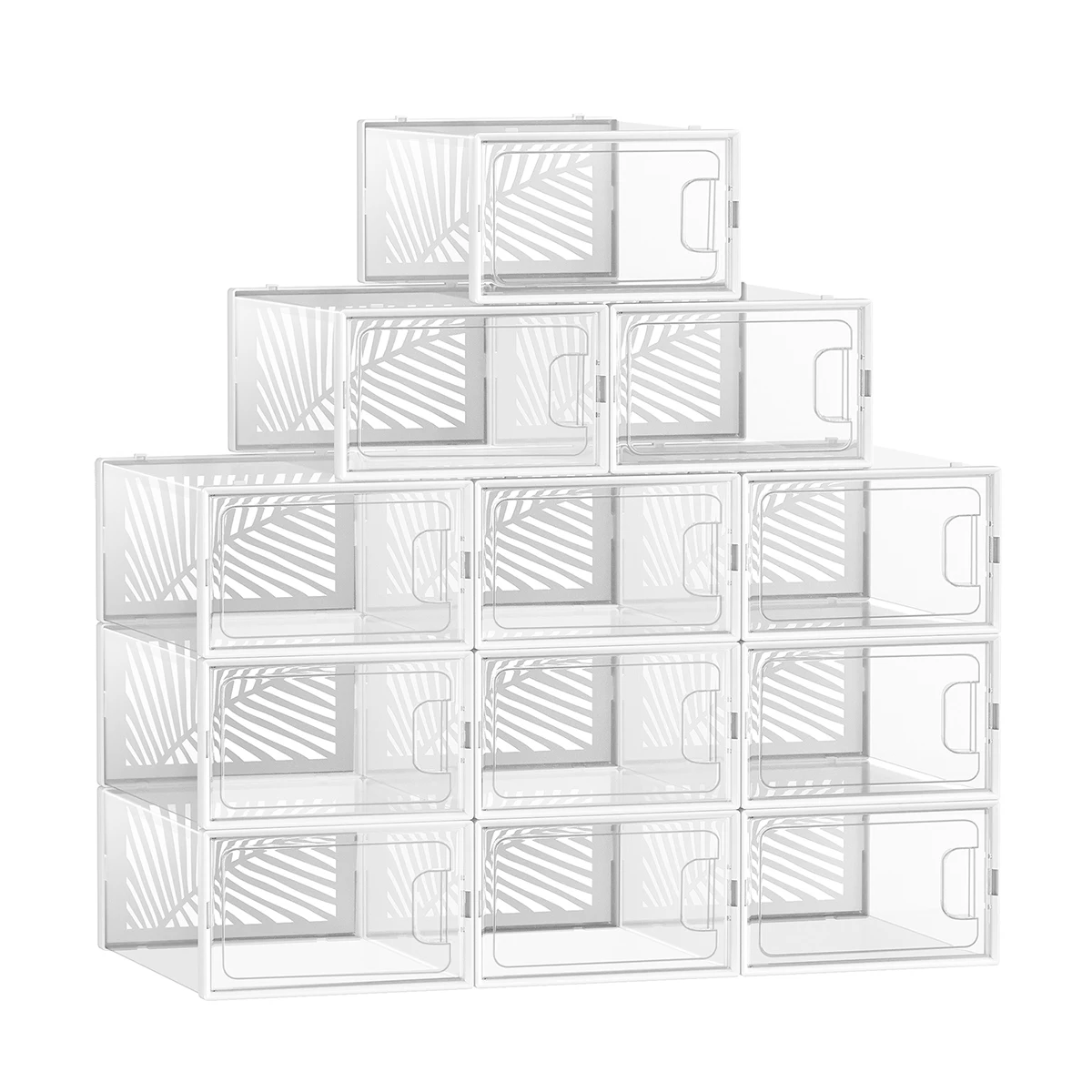 SONGMICS Cajas para Zapatos Transparentes, 12 Cajas de Zapatos, Organizadores Plegables, Talla 44, Apilables, para Exponer Zapatillas, Tacones Altos, Transparente y Blanco