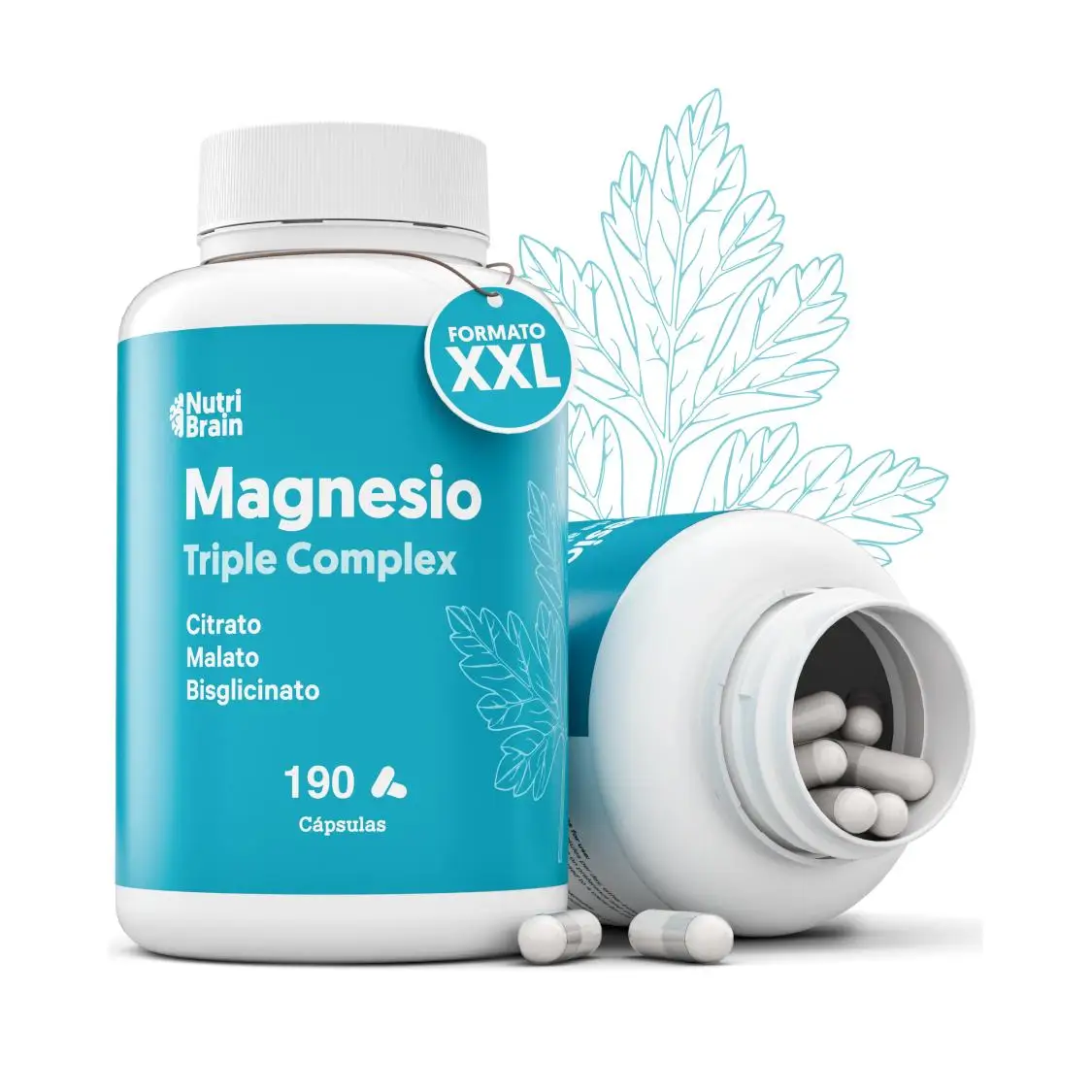Magnesio 3X Acción Premium Nutribrain: Malato, Bisglicinato y Citrato - Fórmula de Máxima Absorción - 190 Cápsulas