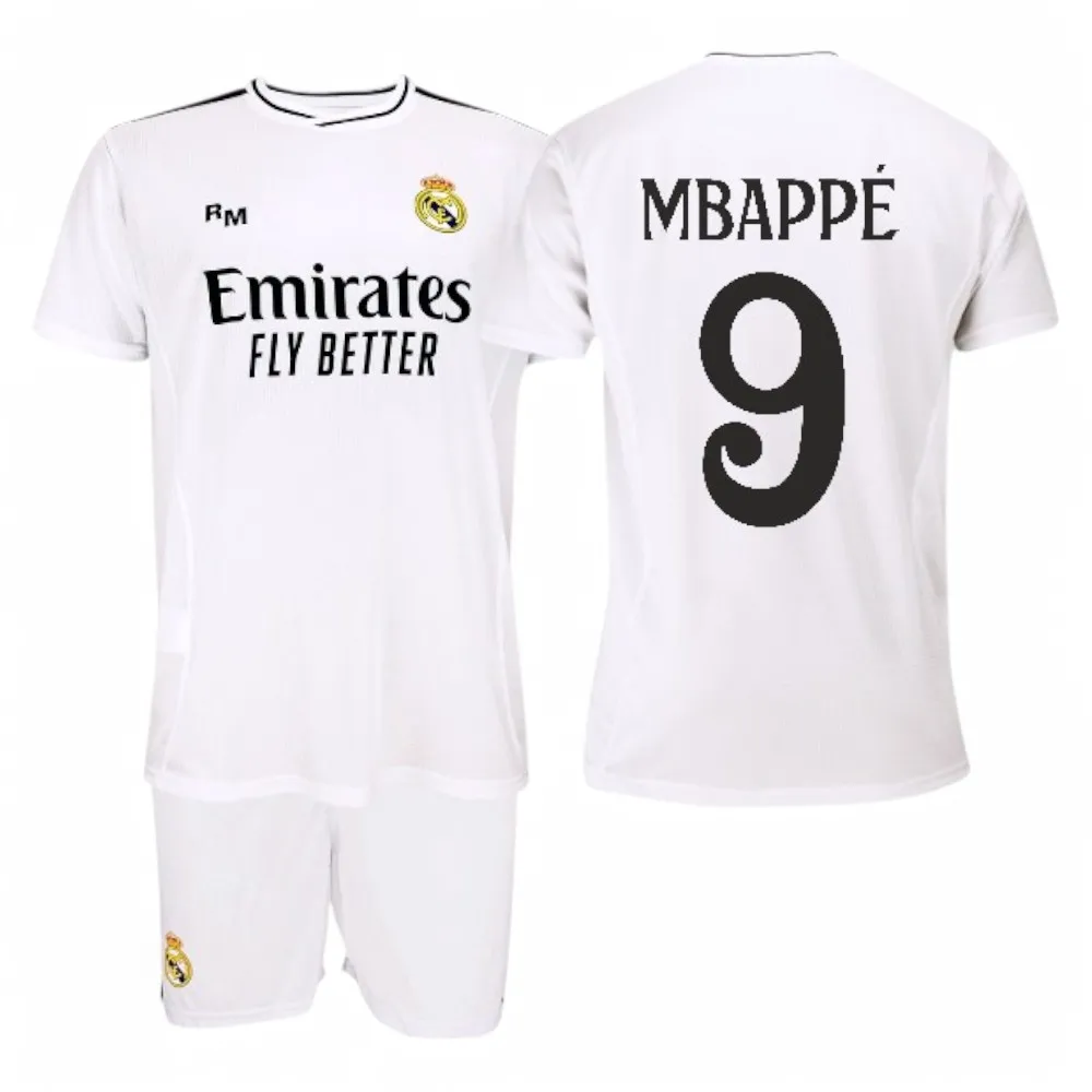 Real Madrid - Conjunto Camiseta y Pantalón Primera Equipación Temporada 24/25, Mbappé, Niños 4 Años, Replica con Licencia Oficial