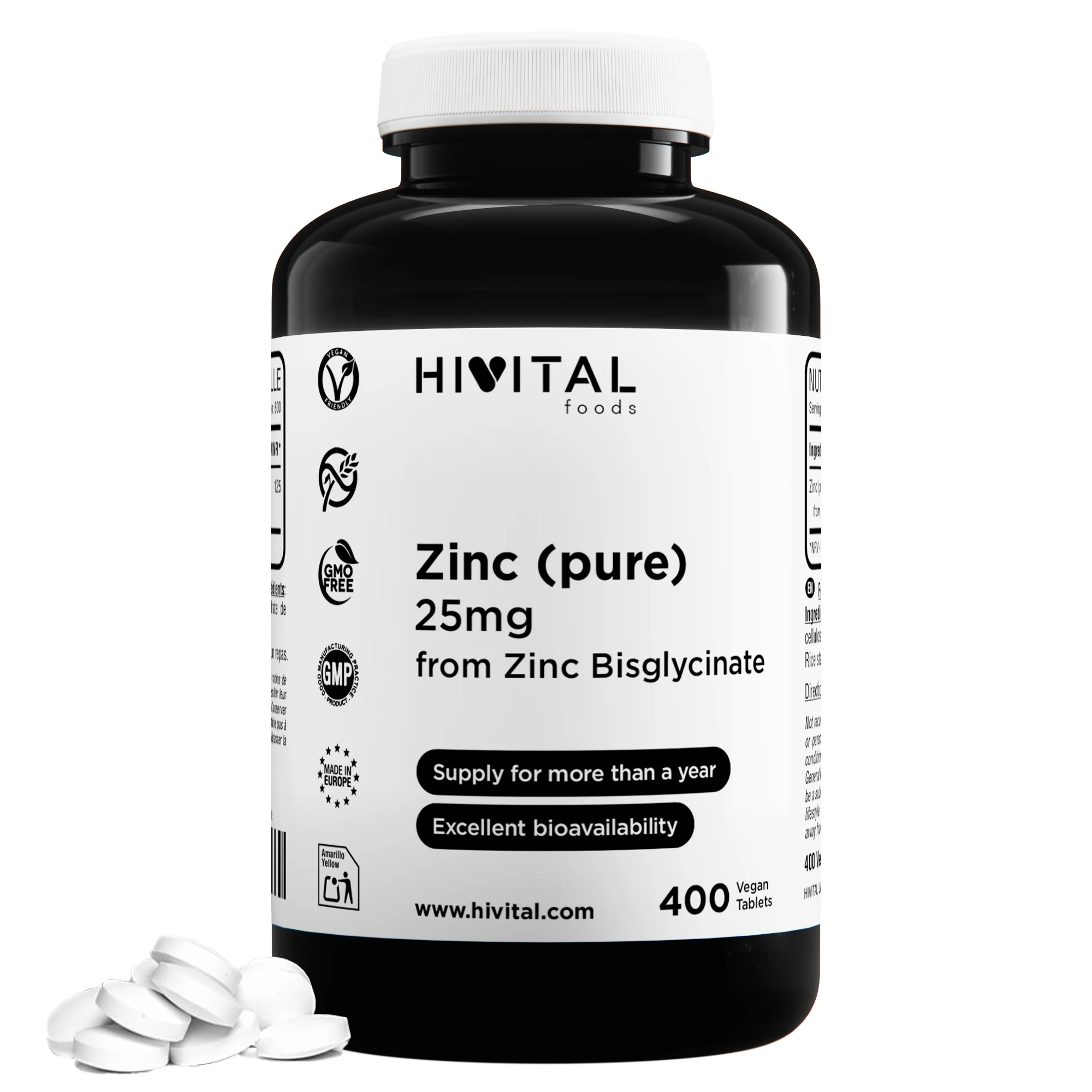 Zinc puro 25 mg procedente de Bisglicintato de Zinc | 400 comprimidos veganos. Hivital
