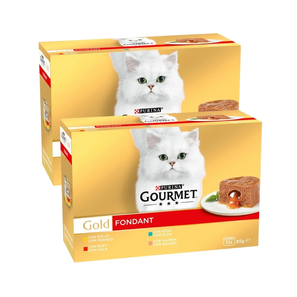 GOURMET - Gold (24x85 gr) - Fondant Multipack sabores (Pollo, Buey, Atún y Salmón) (2 Cajas de 12x85 gr)
