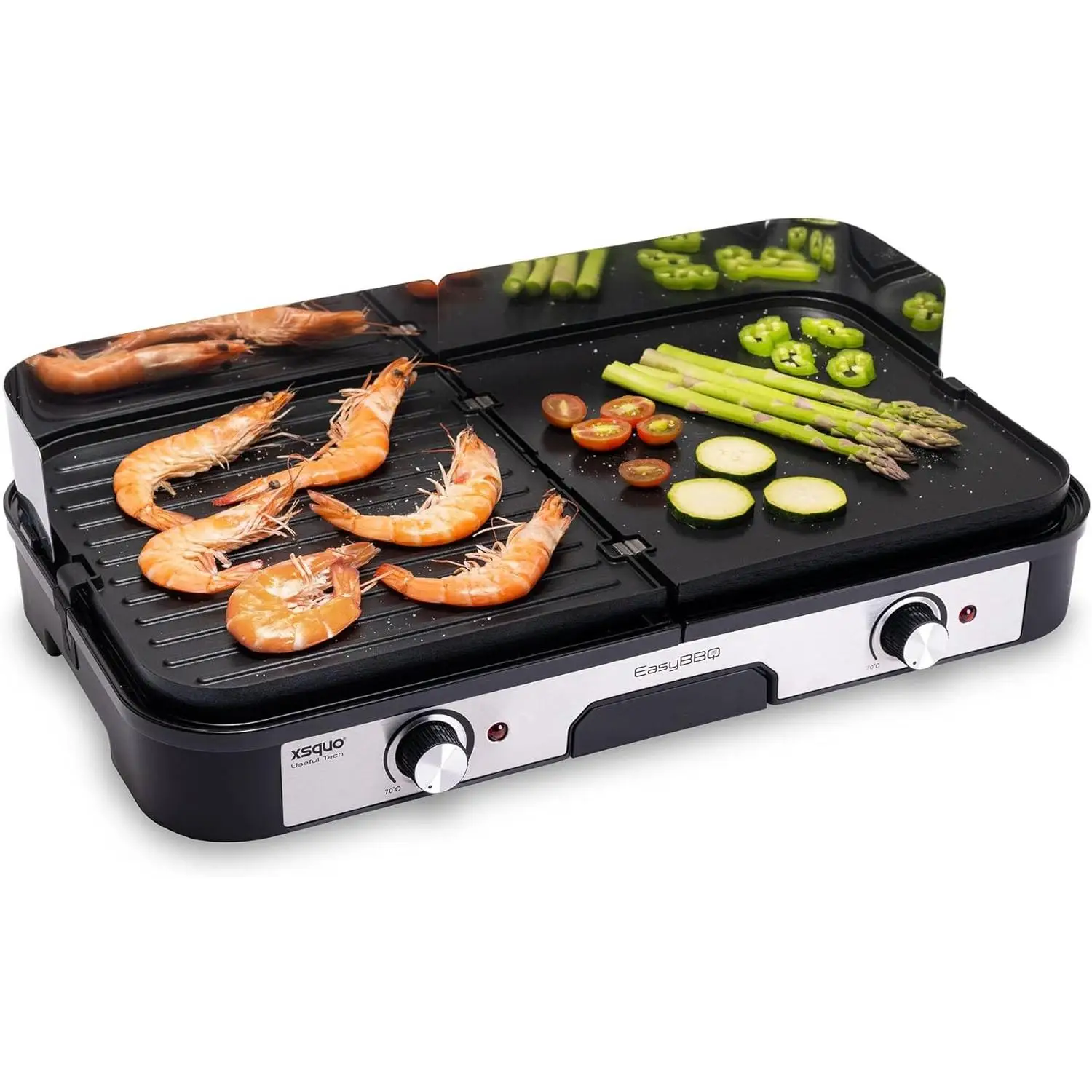 XSQUO Useful Tech Easy BBQ. Parrilla Grill Teppanyaki - 2400 watt de potencia - Doble plancha de aluminio Reversible y Antiadherente - Superficie XXL mixta con plancha y grill - Gran superficie de cocinado - Dos termostatos independientes .