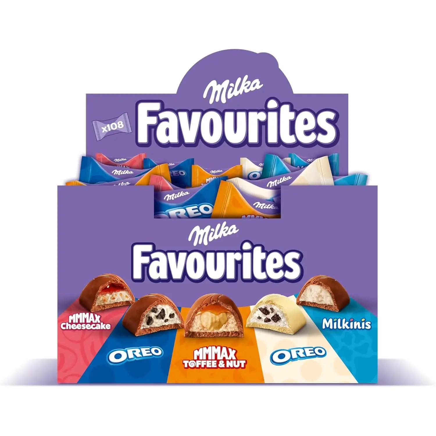 Milka Favourites Surtido de Bombones Individuales - Milka Moments - Mix de 5 Sabores: CheesCake, Oreo, Oreo White, Toffee Nuez y Milkinis - Caja de Mini Chocolatinas 1kg 108 Unidades