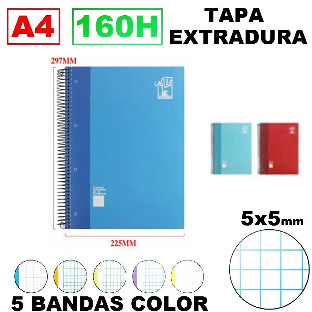 Cuadernos Bloc A4 - 160 Hojas - Cuadrícula 5mmx5mm - 5 Bandas Colores - Tapa Forrada EXTRADURA,PRECIO DE UNIDAD.