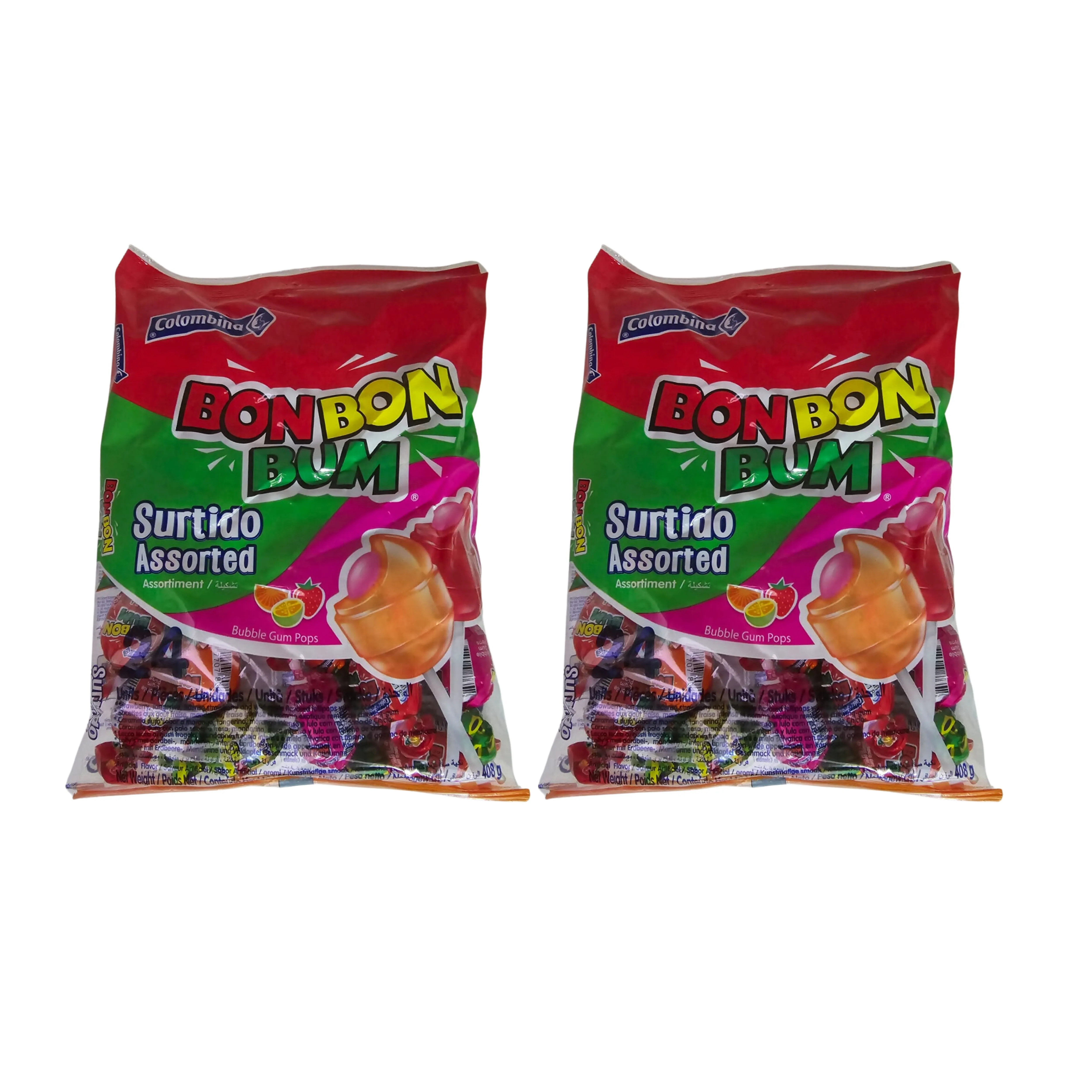 2 PAQUETES DE BON BON BUM SURTIDO ASSOERTED 408G CHICLE..DE COLOMBIA