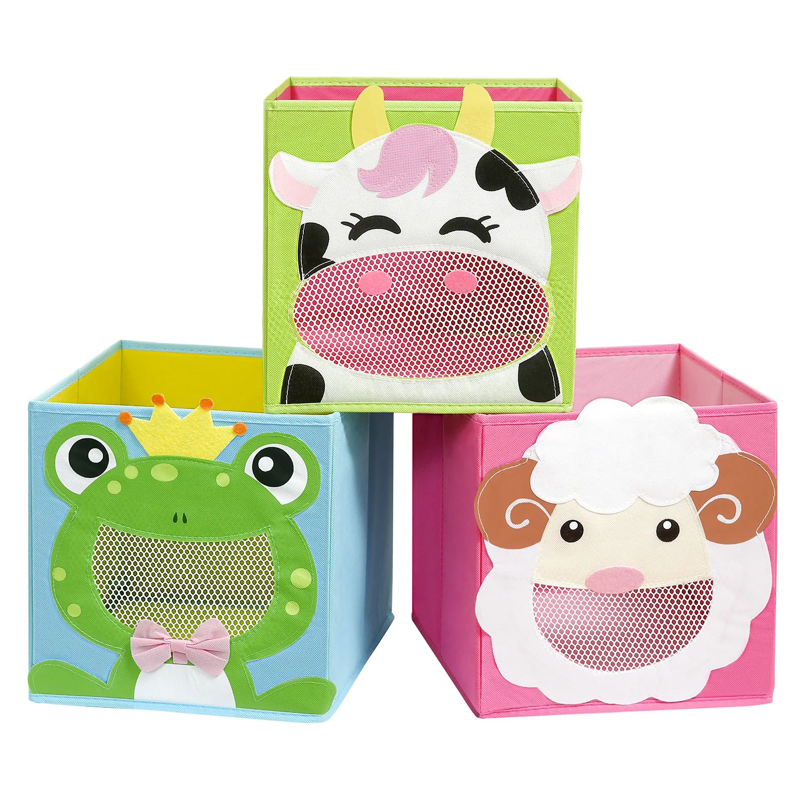 Songmics Azul/Verde/Rosa Cajas De Almacenamiento, Juego De 3, Organizadores De Juguetes, Cesta, Plegable, Para Habitación Infantil, Sala De Juegos, 27 X 27 X 27 Cm, Tema De Animal, Y
