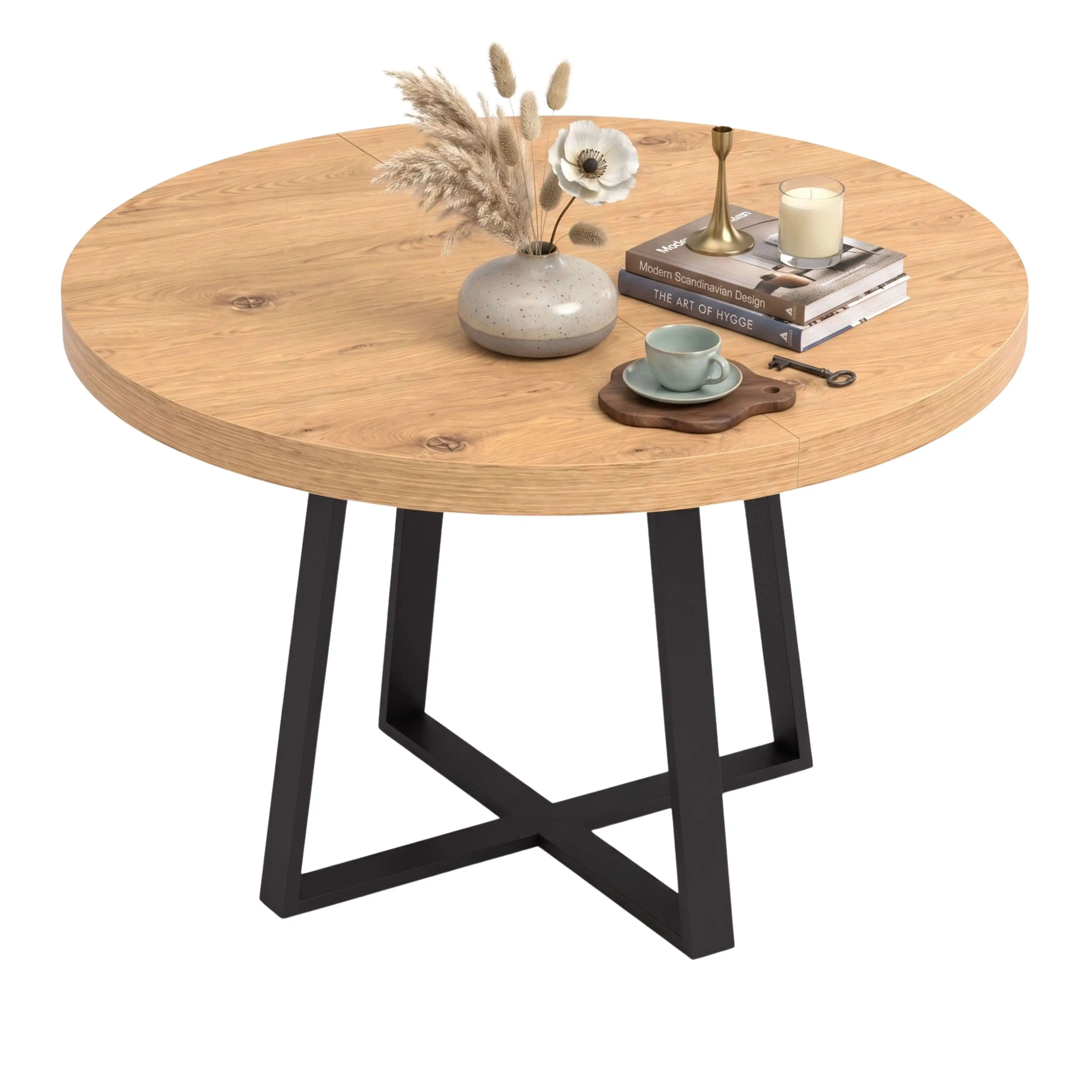 Miroytengo Mesa de Comedor Redonda Extensible, Mesa de Salón, Melamina Aduna, Roble y Negro 110x77x110-150 cm