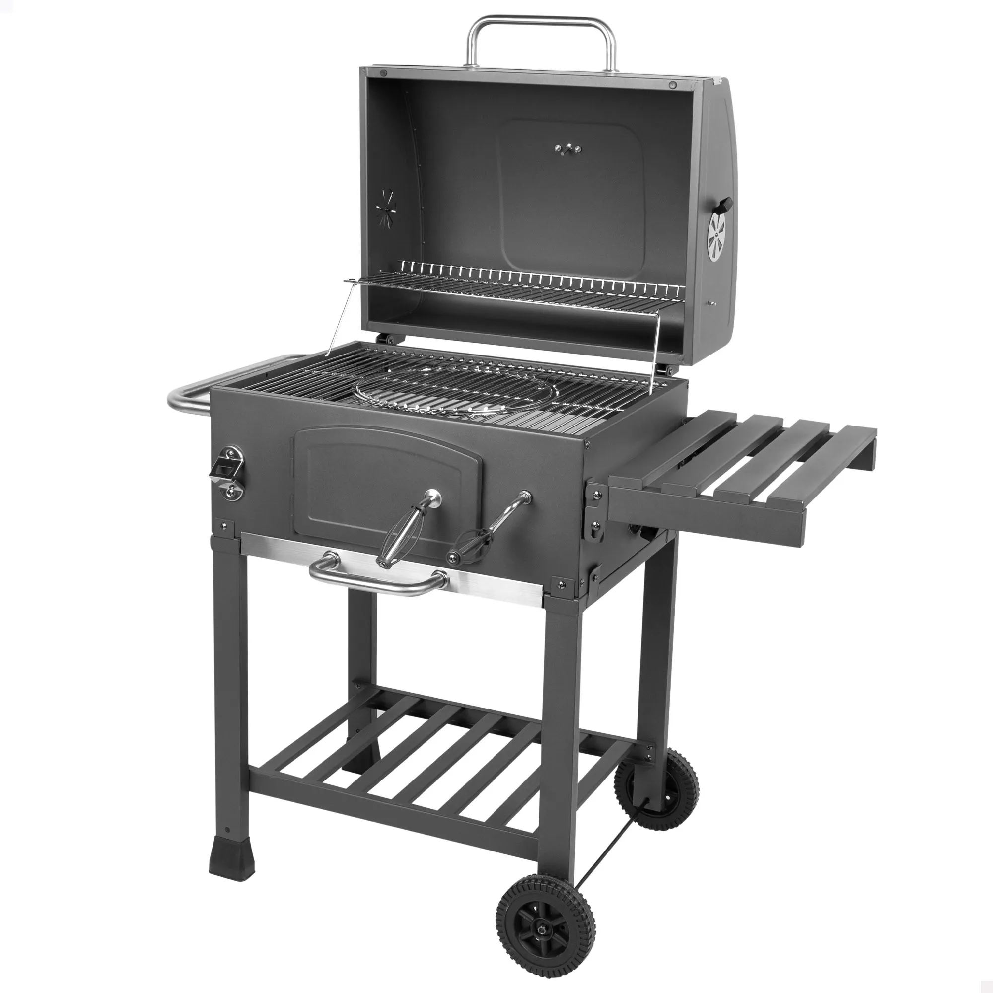 Aktive - Ahumador barbacoa carbón portátil, fabricada de acero resistente, con termómetro, mesa lateral plegable, estante almacenaje y abridor botellas, tiene ruedas grandes para transportar,