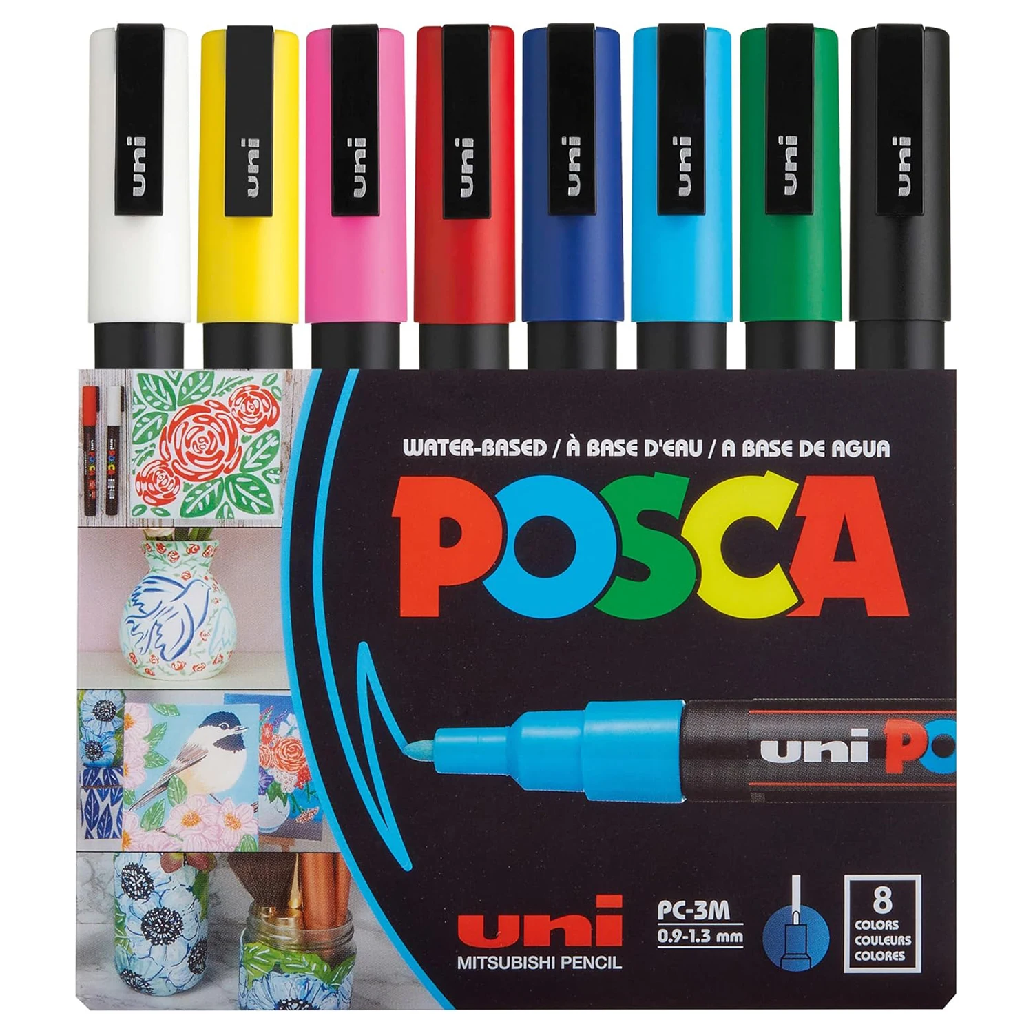 Uni-ball POSCA PC-3M/8C-case 8u-marker non-permanent thin tip 0.9mm-1.3mm assorted colors