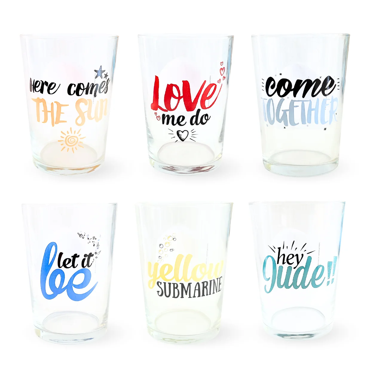 The Beatles Collection of 6 Glass glasses 50cl exclusive iconic songs 500ml Singles collection Here Comes The Sun Love me do Come Together Let it be Yellow underwater Hey Jude official product for collectors