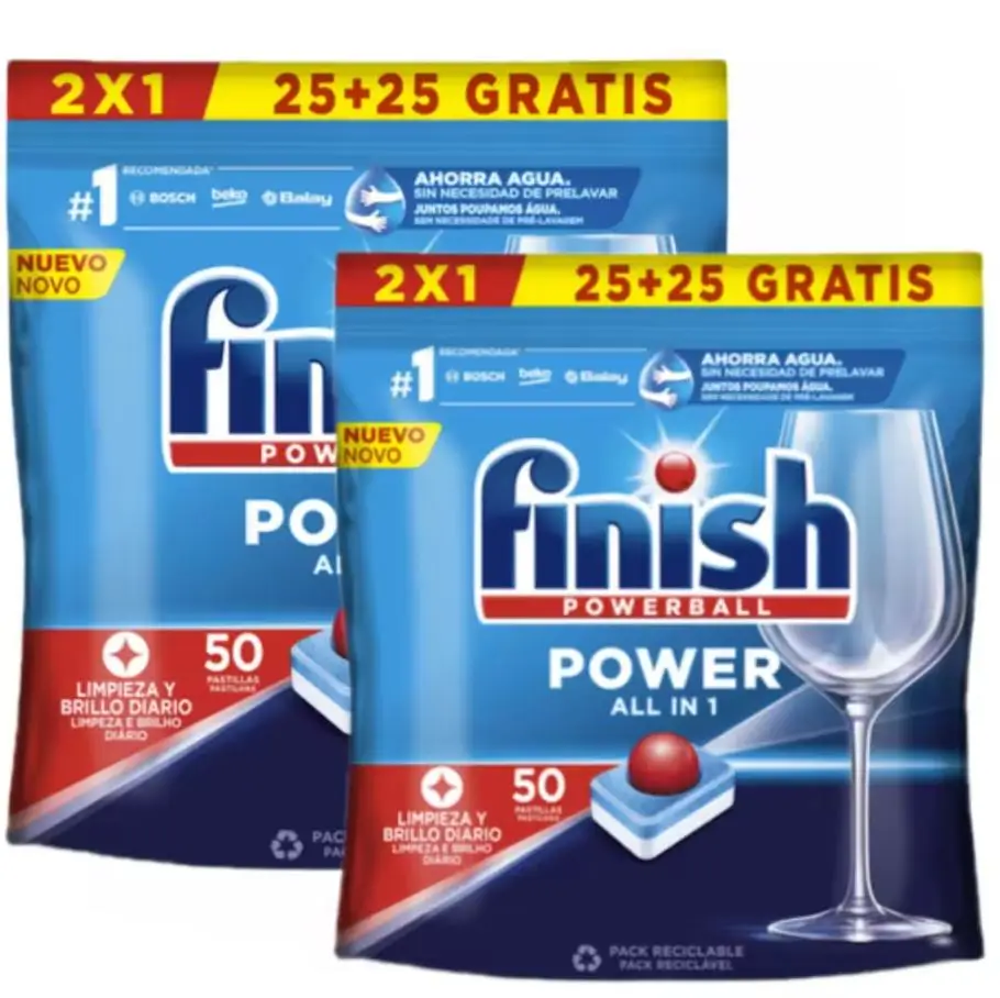 Finish Power All in ONE Pack De 2 Paquetes De 25+25 (100) Pastillas para lavavajillas sin fosfatos, con potente Powerball para eliminar las manchas de grasa más difíciles.