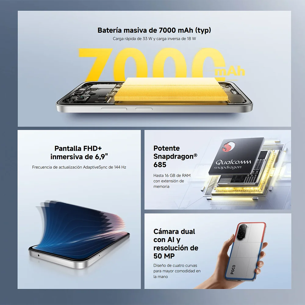 Xiaomi poco m7 mobile phone smartphone global version, 6gb+128gb/8gb+256gb, snapdragon mobile platform ®   685 4g, 7000mah battery, 6.9" 144hz fhd+ dotdisplay screen, 50mp rear camera, xiaomi hyperos 2, dolby atmos ® Ip64