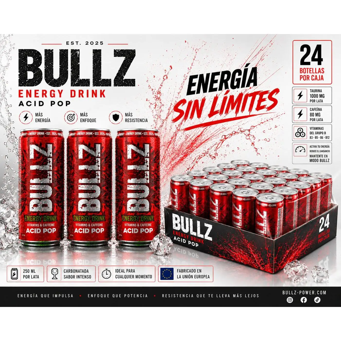 BEBIDA ENERGETICA BULLZ ACID POP 250ML CAJA 24UD