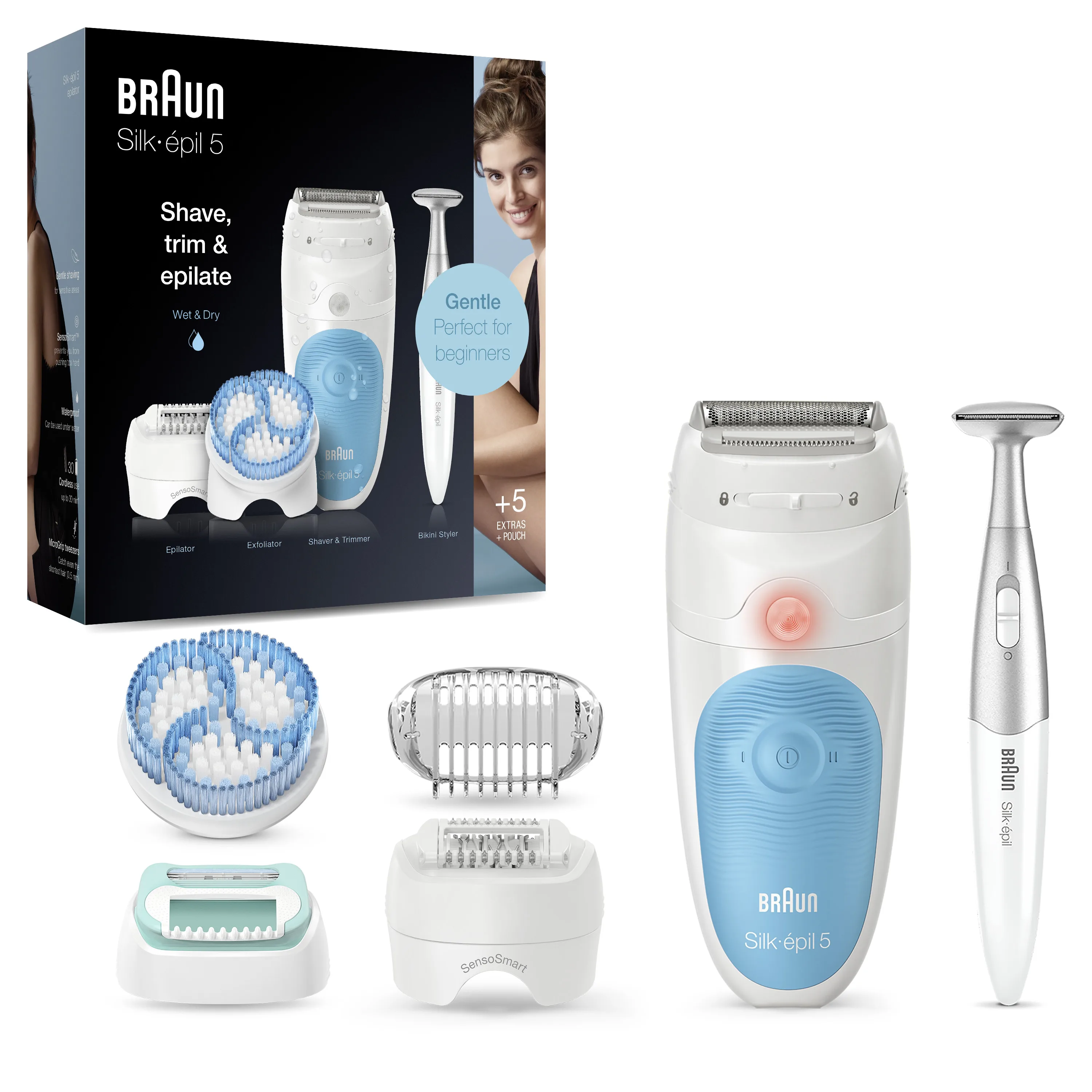 Braun Silk-épil depiladora eléctrica mujer para una depilación suave, depilación en seco y en mojado, capuchón de masaje, cabezal de recorte y rasurado, cepillo de exfoliación, perfiladora zona bikini. Producto Europeo con Garantía Oficial