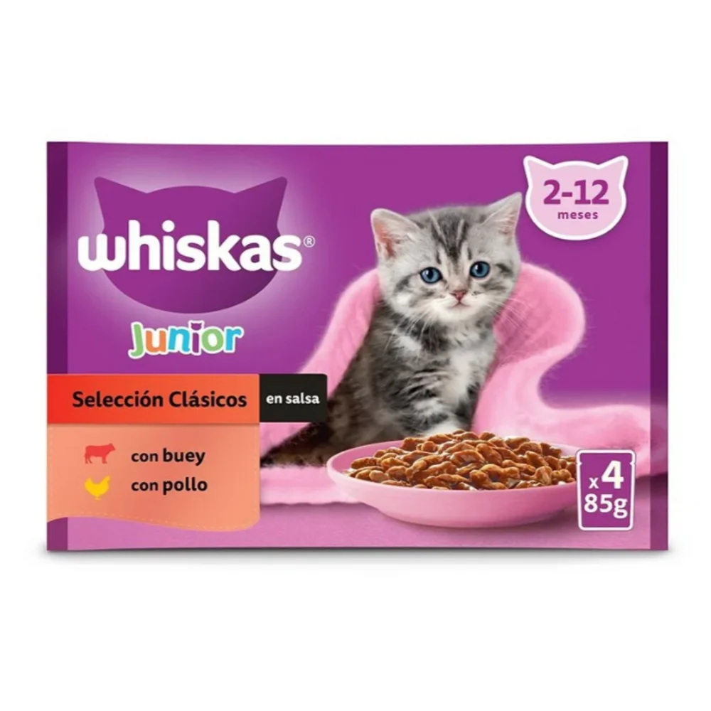 Whiskas Junior Selección Clásicos en Salsa Comida Húmeda para Gatos - (13 Paquetes x 4 Sobres x 85gr)