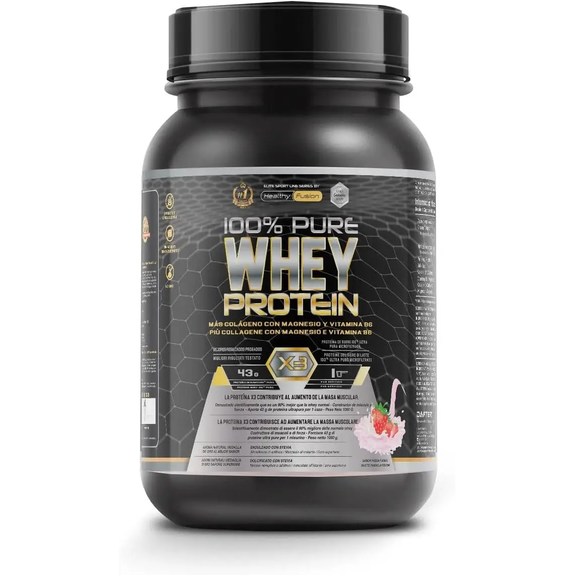 Whey Protein Healthy Fusion | Proteína pura con Colágeno, Magnesio y Vitamina B6 | 43g proteína + 9g BCAA | Mejora tus entrenamientos, aumenta masa muscular y fortalece articulaciones | 1 kg (Sabor Fresa)