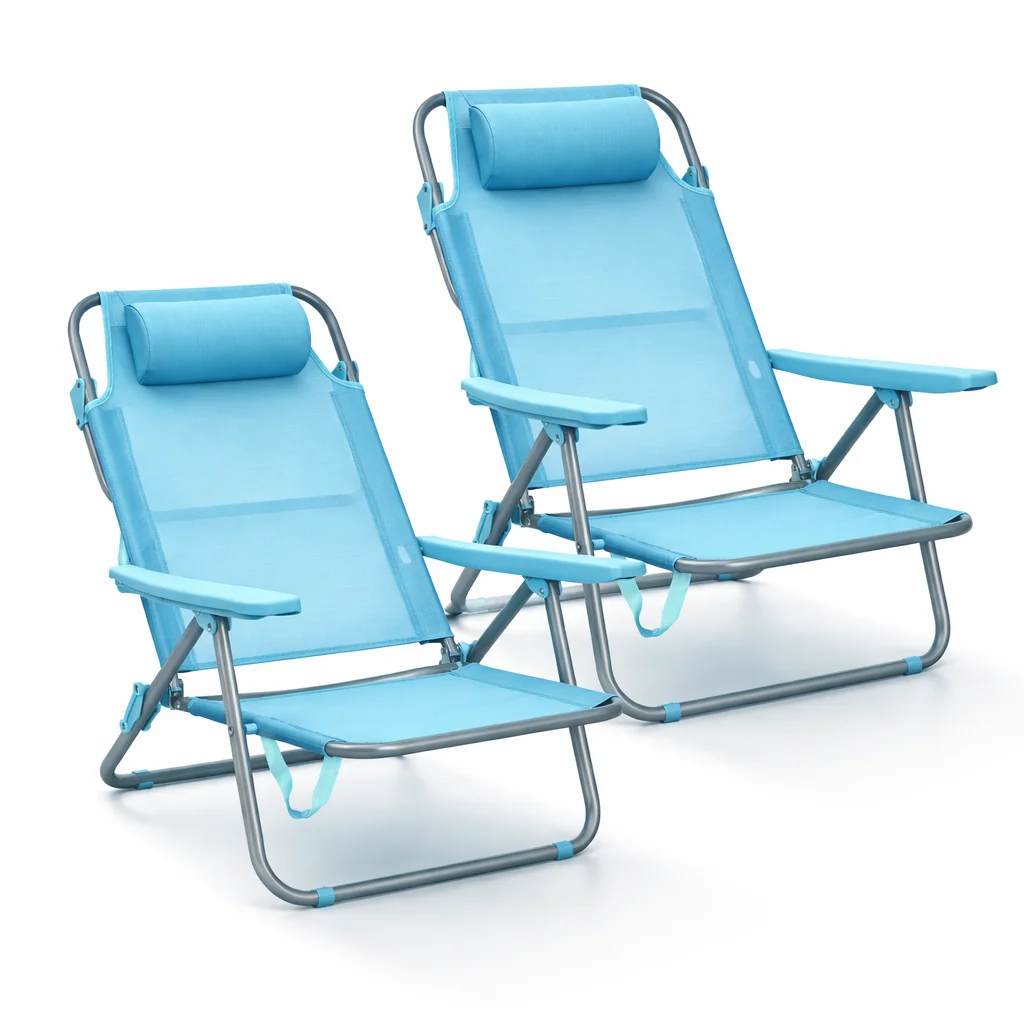 Pack de 2 Sillas de Playa Reclinables Plegables con Reposacabezas | Sillas Portátiles para Jardín, Camping, Piscina, Terraza | Estructura de Acero Ligera y Tela Transpirable Resistente