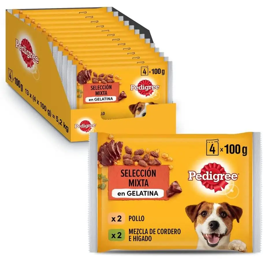 Pedigree moist dog food in jelly flavors chicken and lamb, Multipack (13 Packs x 4 sachets x 100g)