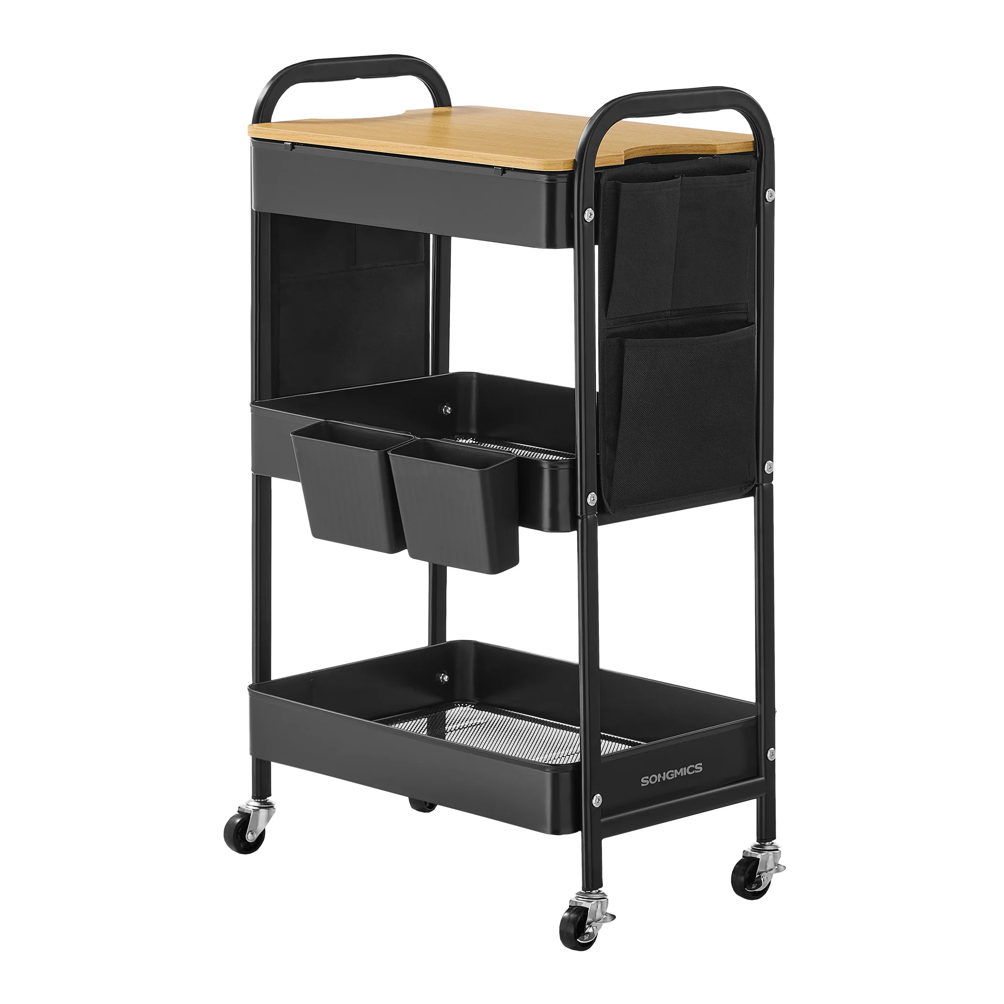 SONGMICS Carrello a 3 livelli, carrello con ripiano, 2 contenitori sospesi rimovibili, 6 tasche laterali, per soggiorno, studio, cucina, bagno, nero inchiostro/bianco nuvola