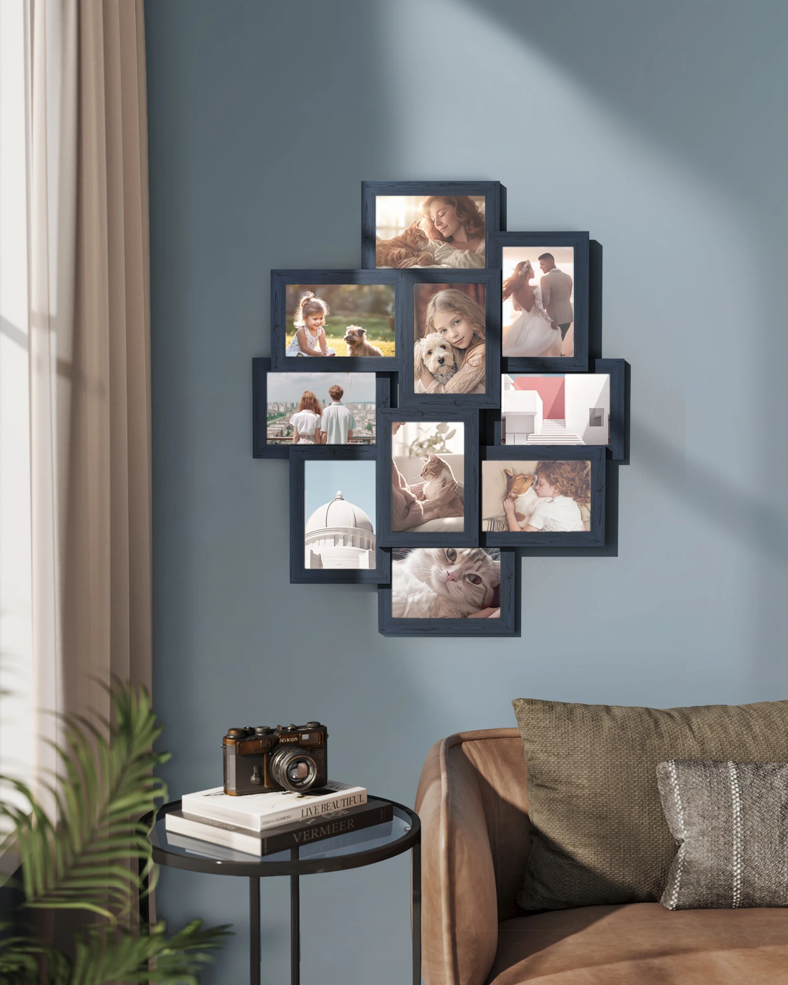 Songmics photo frame collage, 10 10x15cm photo frames, photo frames for wall, multiple frames, wall decor, navy blue/natural beige/cloud white/rustic brown/ink black