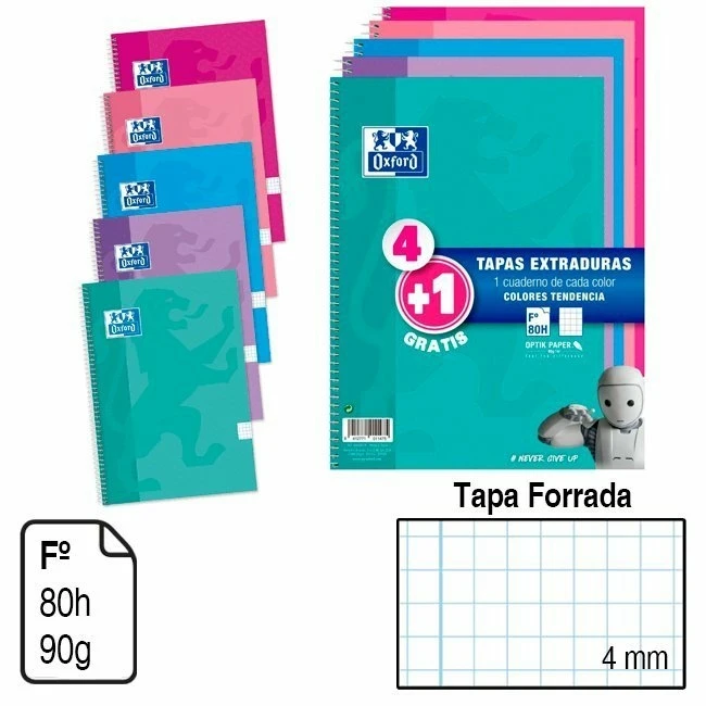 Spiral pad PACK 4 + 1 notebooks with rings OXFORD A4 FOLIO size basic lid and lined extraction 80 H. 90G. Grid 4 MM confidence quality
