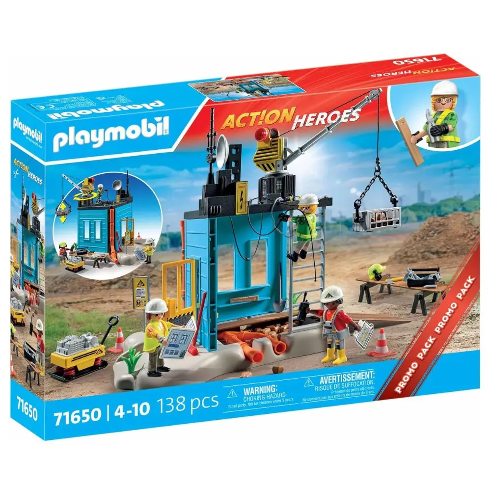 PLAYMOBIL (71650) Construcción, con grua movil, andamios, herramientas, operarios albañiles, y muchos accesorios de albañilería, para divertirse construyendo, Action Heroes, Promo Pack