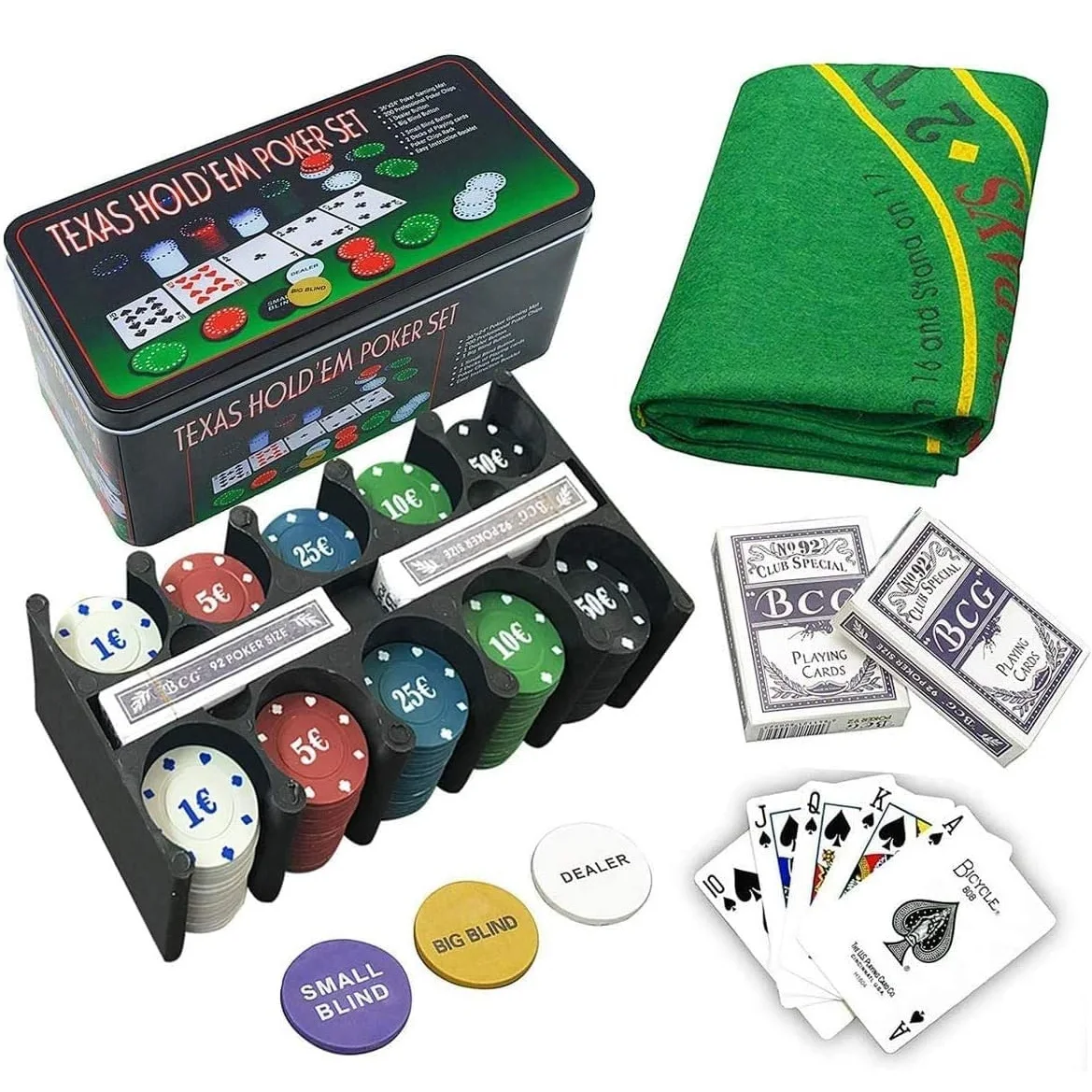 C.A | Set de Póker Premium con Caja de Metal – 200 Fichas, Tapete y Todo lo Necesario para Jugar