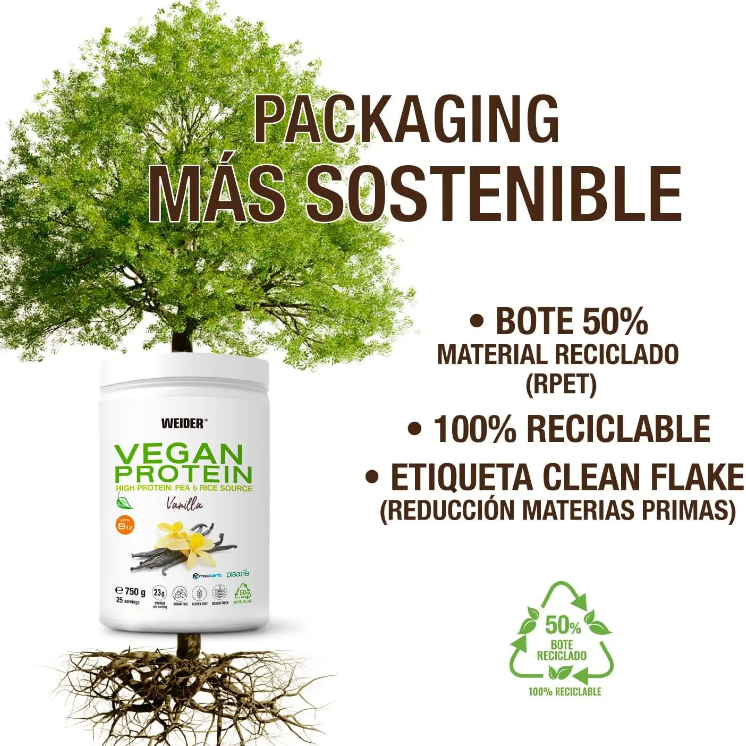Weider vegan - vegan protein - 750 gr - 23g/dose insulated peas (pisane) and rice. With vitamin b12 and stevia. No gluten, no sugar. Bottle 50% recycled, 100% recyclable