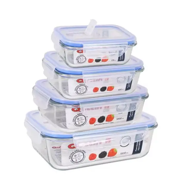 Set of 3 and 4 hermetic borosilicate glass containers - rectangular, square and round lunch boxes - 375cc to 1500cc - microwave valve - oven, microwave, dishwasher and freezer safe - resistant to high and low temperatures