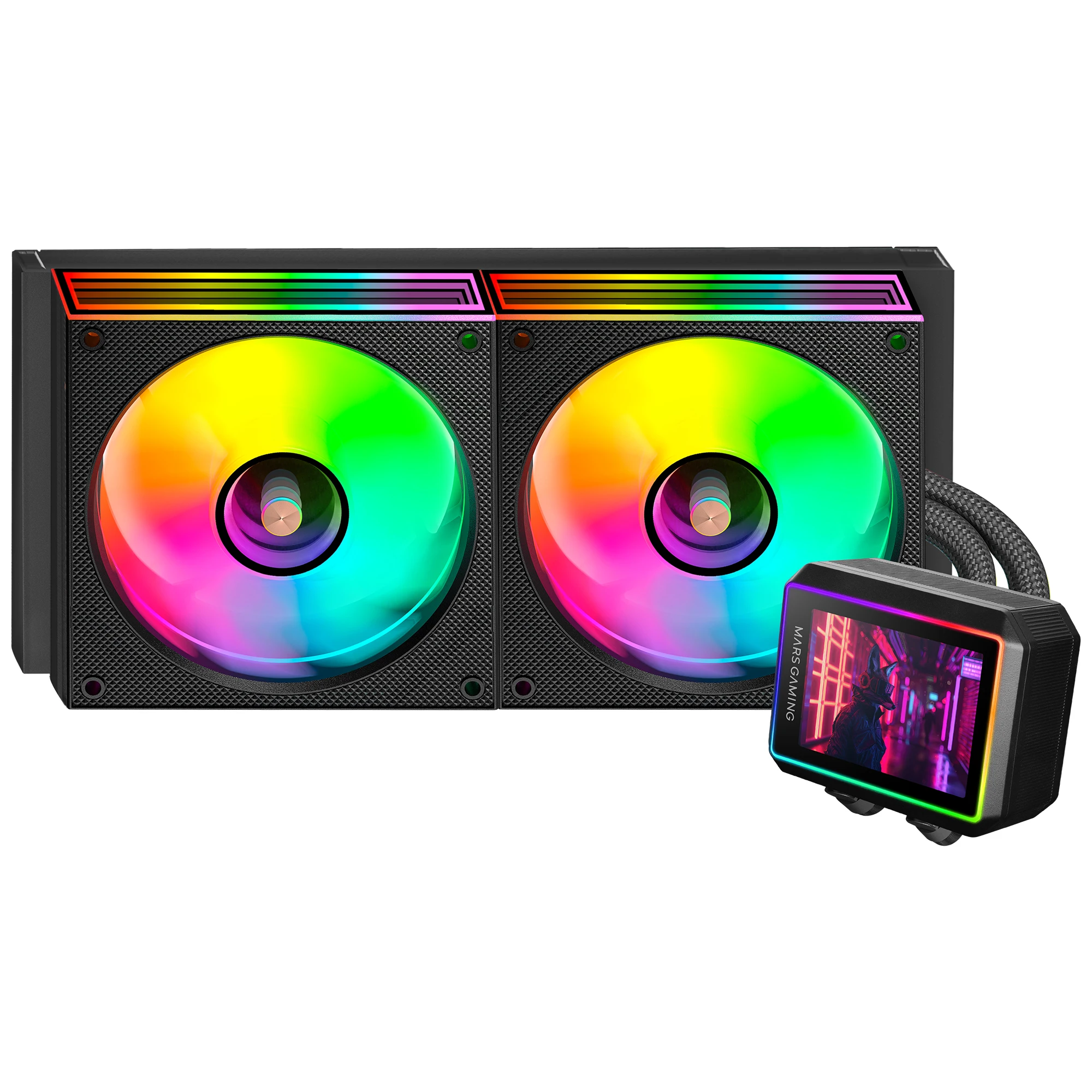 Mars Gaming ML-VISIONII240 Refrigeración Líquida AIO 500W TDP, Pantalla IPS 2,8" 360º, Bomba 4ª Gen Opti-Chamber con Base de Cobre y Microcanales, 2x Ventiladores 120mm ARGB Infinity Mirror,
