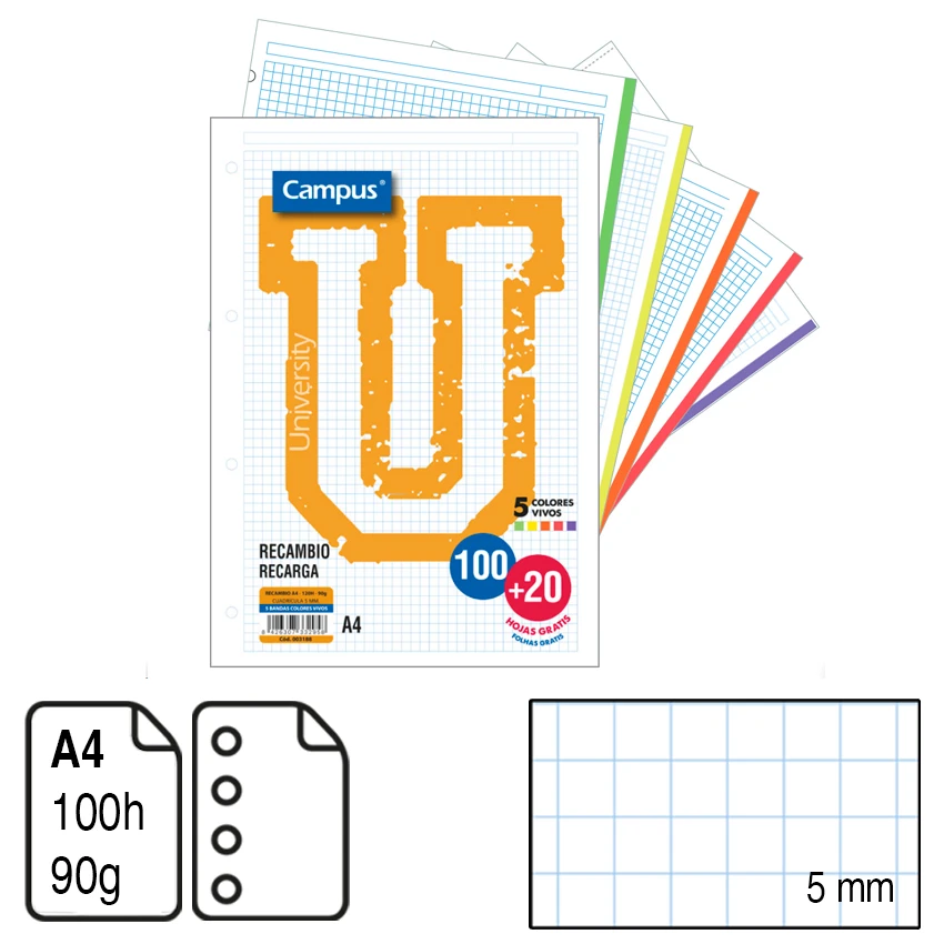 RECAMBIO CAMPUS ORIGINAL TAMAÑO A4 120HOJAS. 4 TALADROS CUADRÍCULA 5 MM. 90 G. BANDAS EN 5 COLORES VIVOS. Pack de 1/3/5 paquetes a elegir.