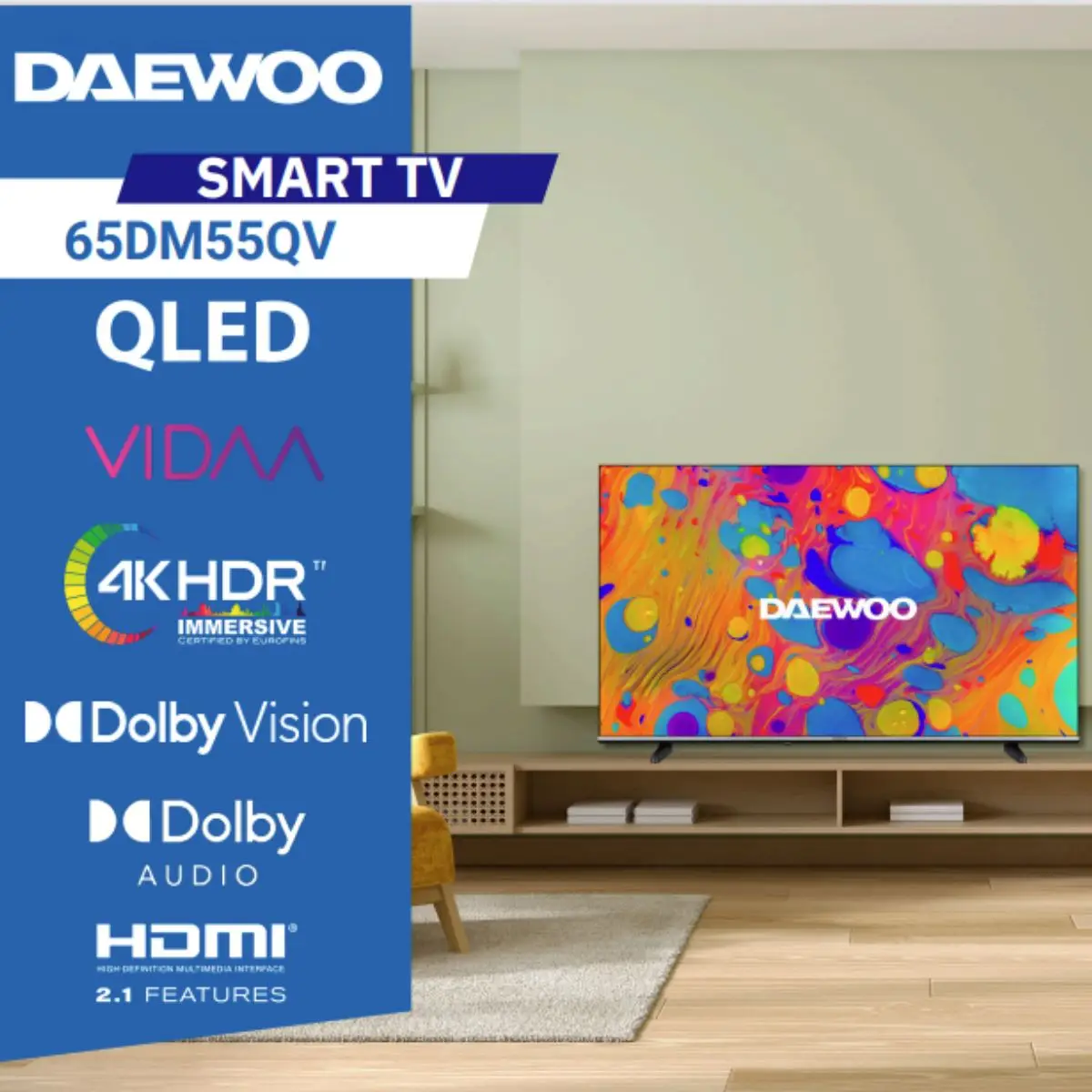 Immerse yourself with the Daewoo 65DM55QV 65" 4K HDR QLED Smart TV, featuring a stunning QLED panel, Dolby Audio, Quad Core processor, and VIDAA system for seamless access to apps like Netflix and YouTube, with built-in WiFi for ultimate connectivity.