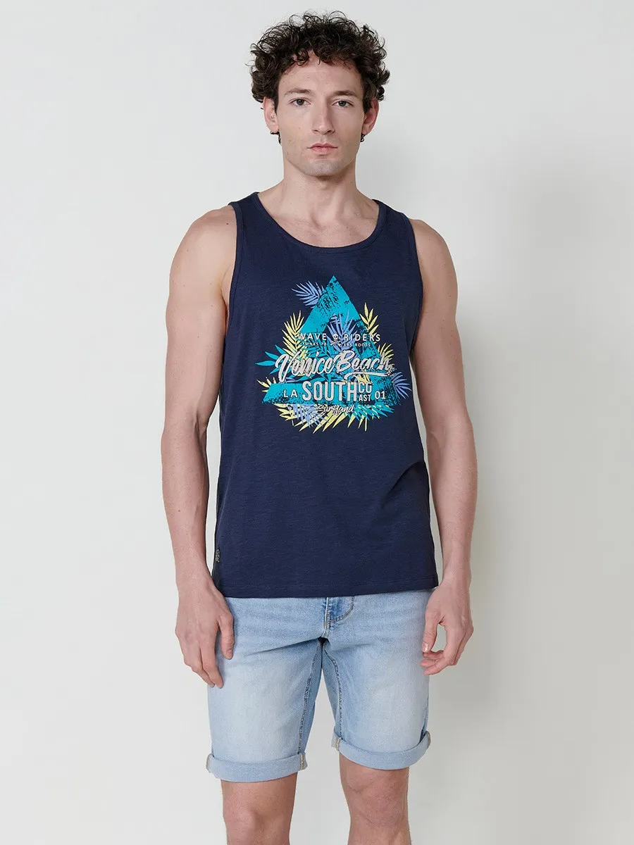 Koroshi Camiseta Sin Mangas de Algodón con Estampado Delantero. Cuello Redondo. Color Navy para Hombre