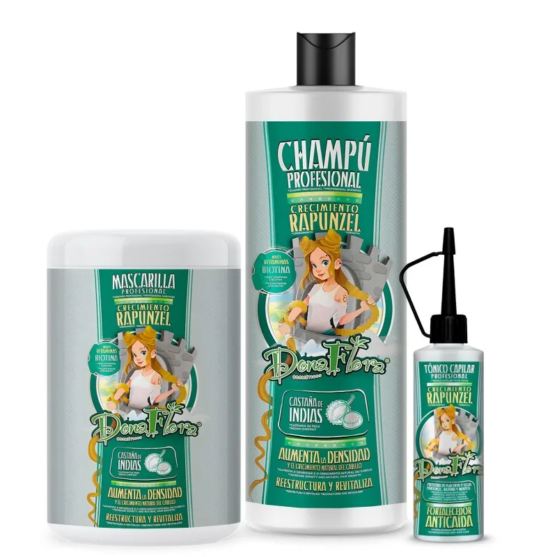 PACK 3 PRODUCTOS DONA FLORA RAPUNZEL CHAMPU 1000ML+ MASCARILLA 1000ML +TONICO 70ML