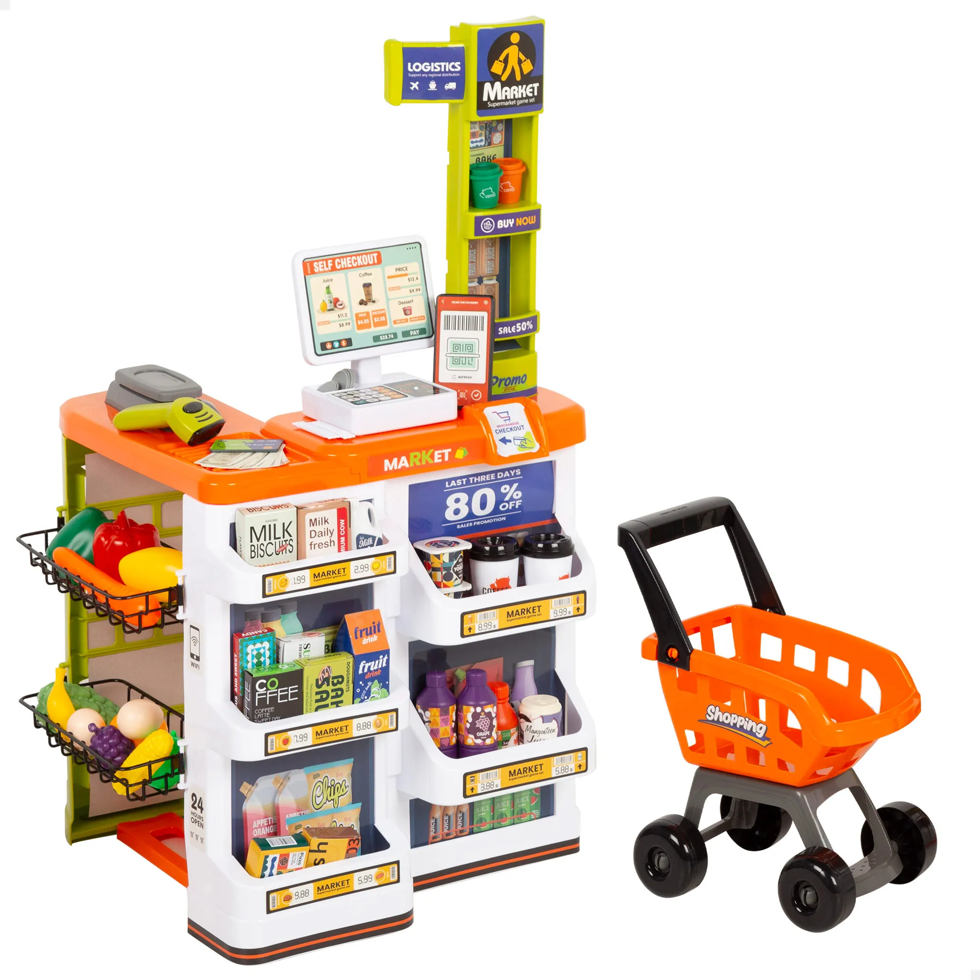 COLORBABY Toy Supermarket with Shopping Cart, Realistic Light and Sound, Electronic Cash Register, + 50 Pieces, Food, Products, Size 50x42x82 cm, Toys for Children 3 Years