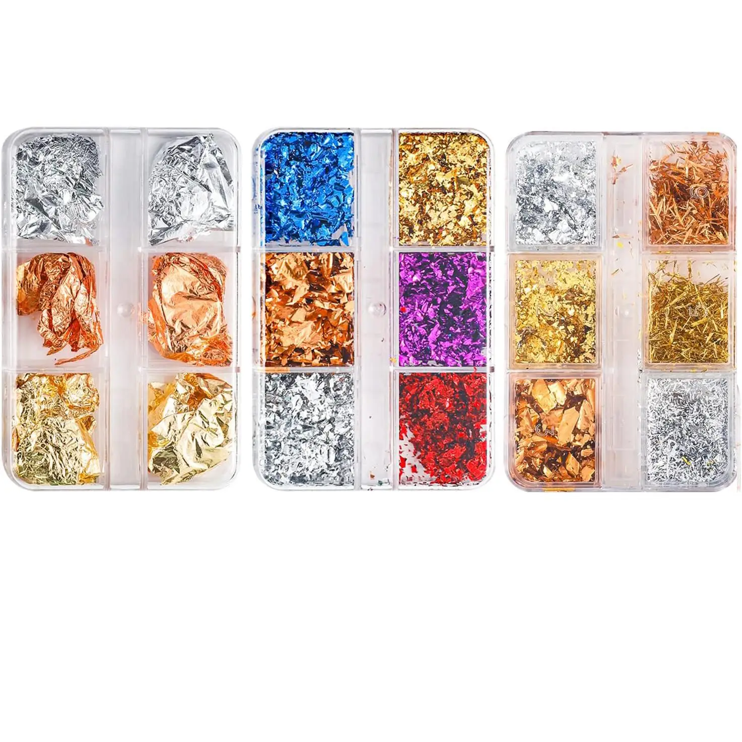 3 scatole di foglia d'oro, scaglie di lamina colorata brillante, decorazione per unghie, corpo, viso, trucco
