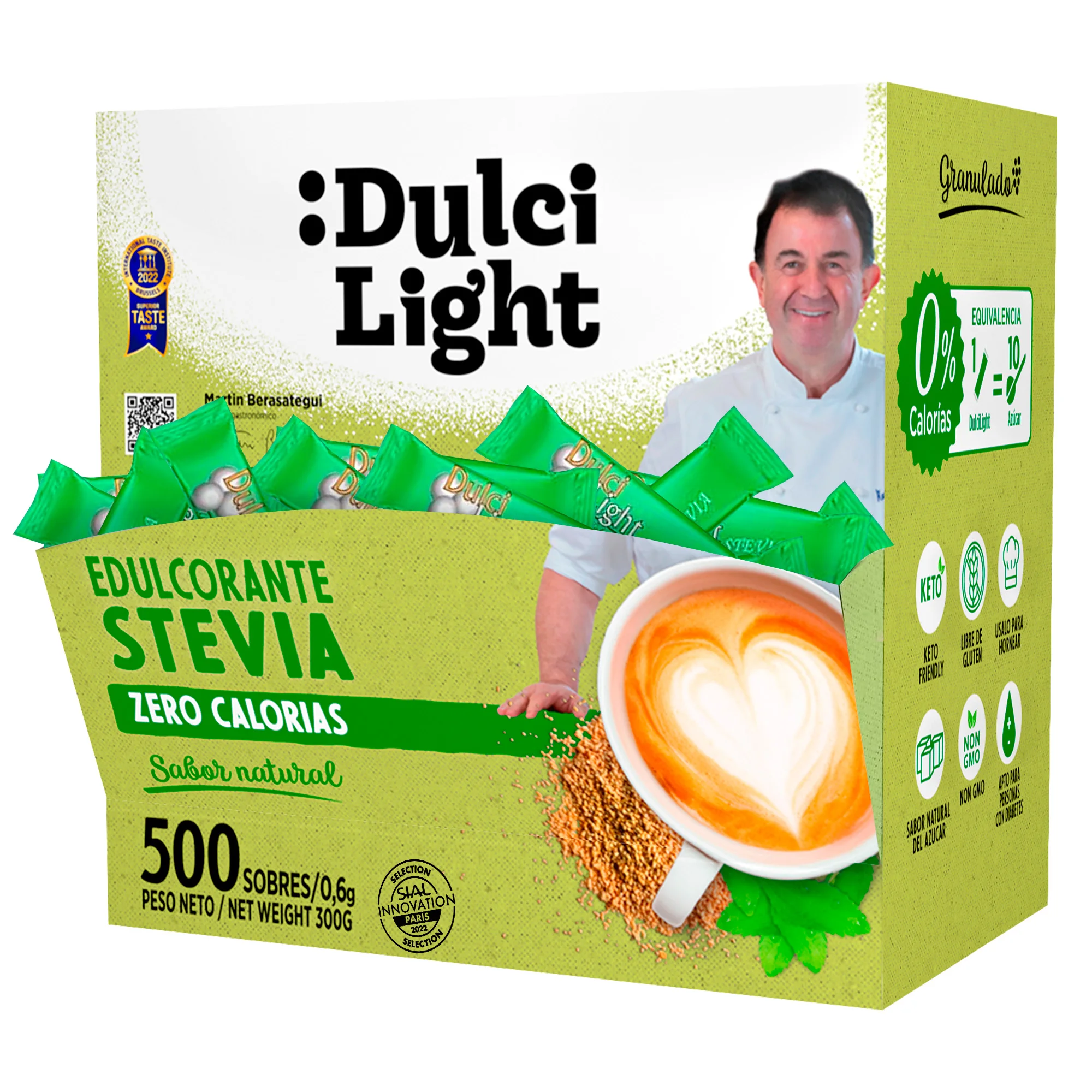 Dulcilight Estevia Granulada - 500 Sobres de Stevia 100% Sabor Natural Zero Calorías 1 sobre = 2 cdas de Azúcar Edulcorante Sustituto del Azúcar con Fibra Vegetal No GMO Keto Vegano Libre de Gluten